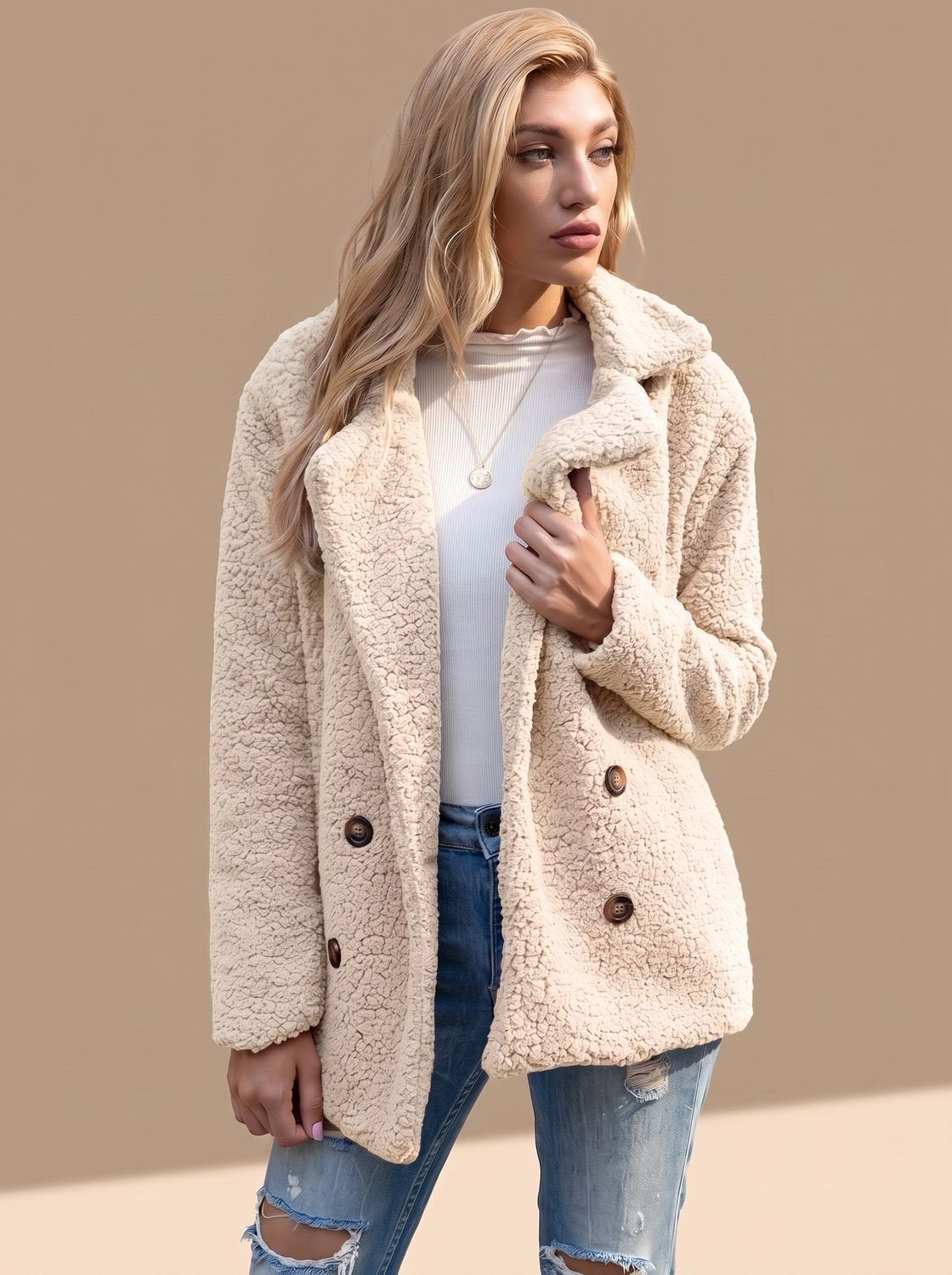 Women's Double-Breasted Faux Fur Teddy Coat Notched Lapel - White