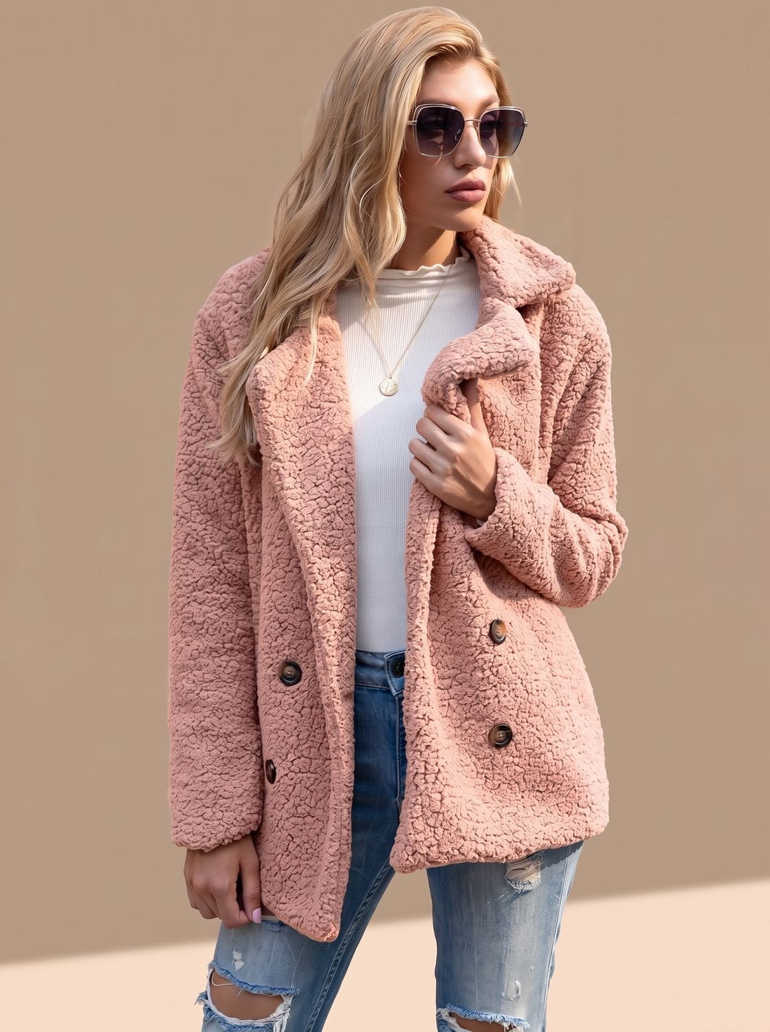 Women's Double-Breasted Faux Fur Teddy Coat Notched Lapel