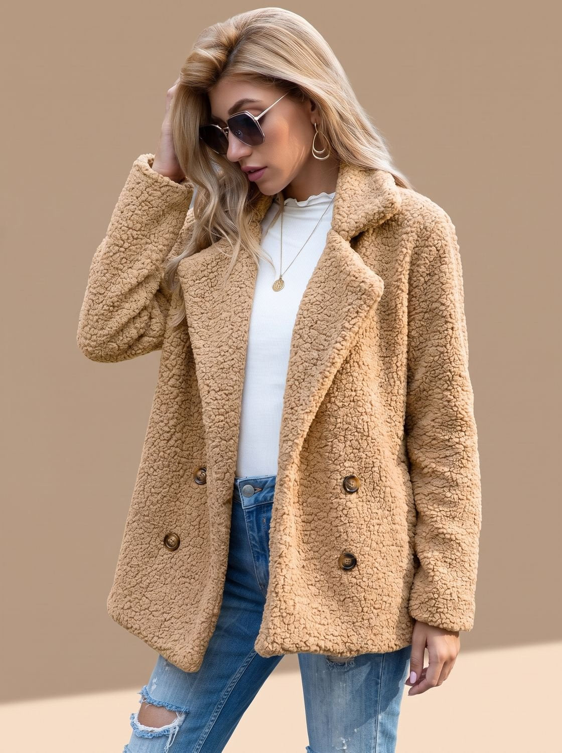 Women's Double-Breasted Faux Fur Teddy Coat Notched Lapel