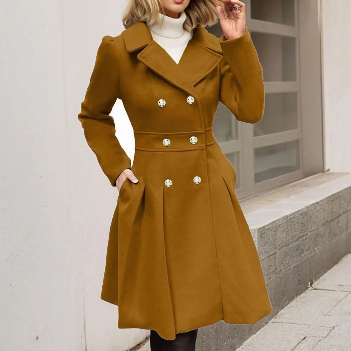 Women's Double-Breasted Flared Pleated Longline Wool-Touch Coat