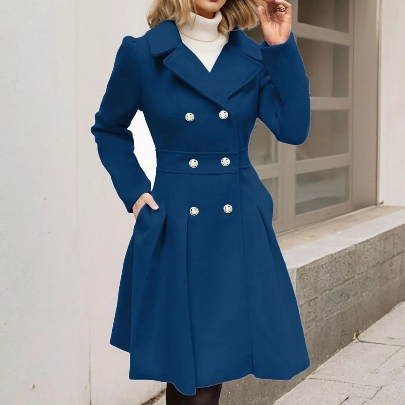 Women's Double-Breasted Flared Pleated Longline Wool-Touch Coat