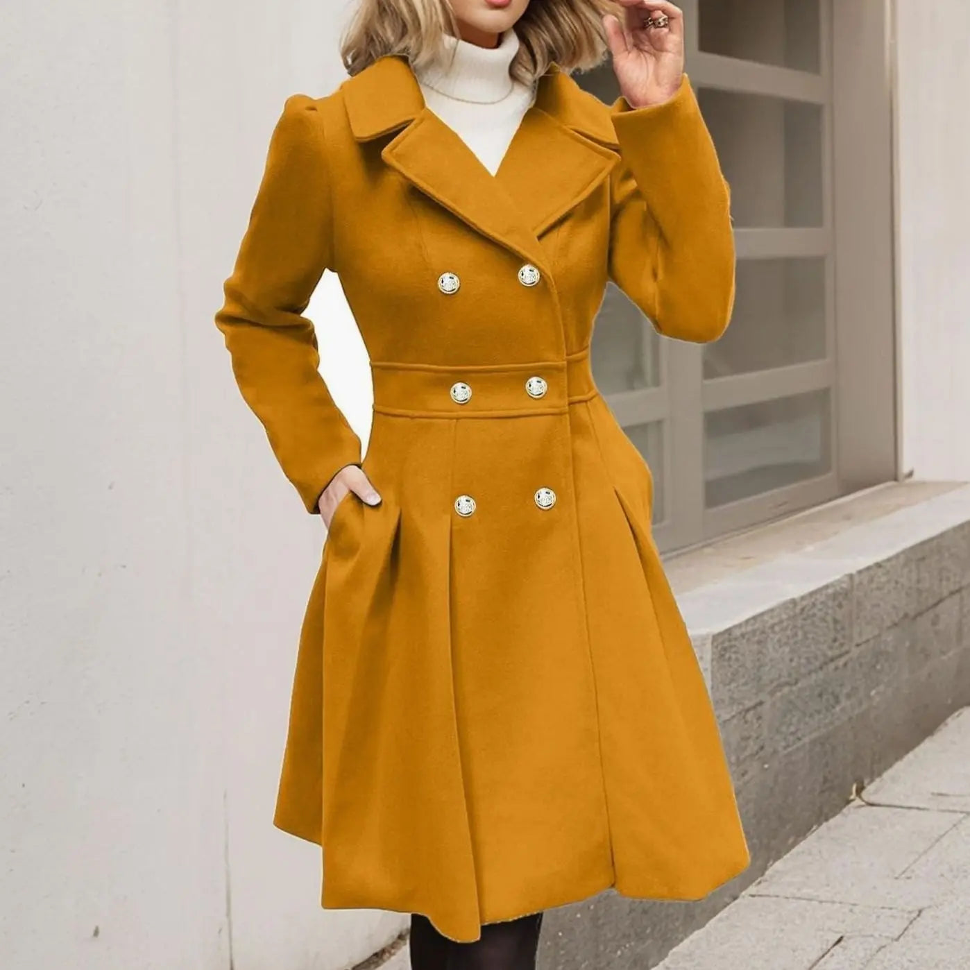 Women's Double-Breasted Flared Pleated Longline Wool-Touch Coat