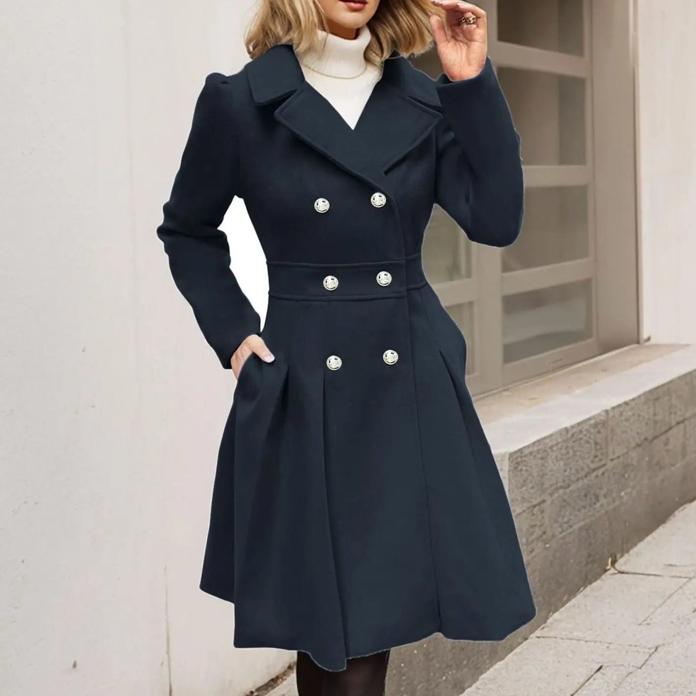 Women's Double-Breasted Flared Pleated Longline Wool-Touch Coat - Black