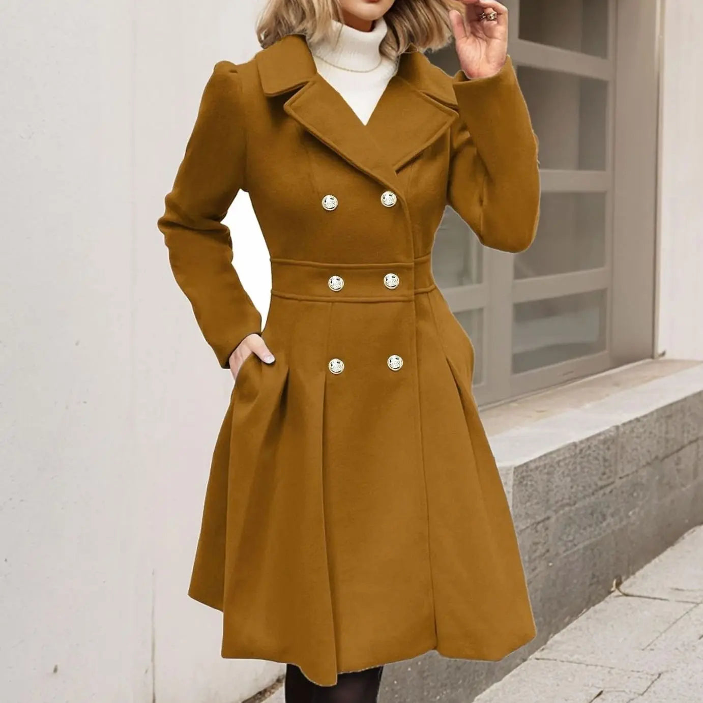 Women's Double-Breasted Flared Pleated Longline Wool-Touch Coat - Camel