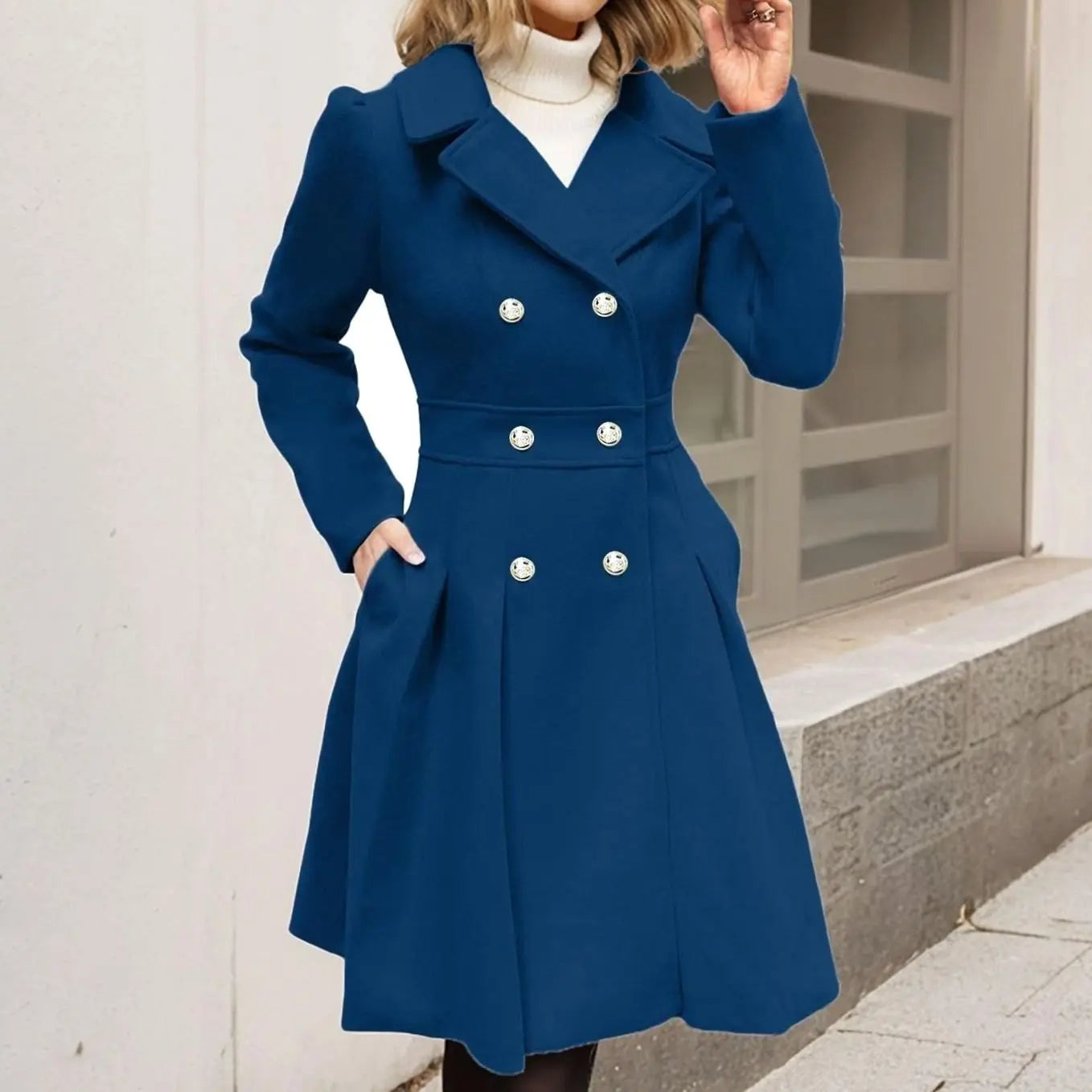 Women's Double-Breasted Flared Pleated Longline Wool-Touch Coat - Dark Navy