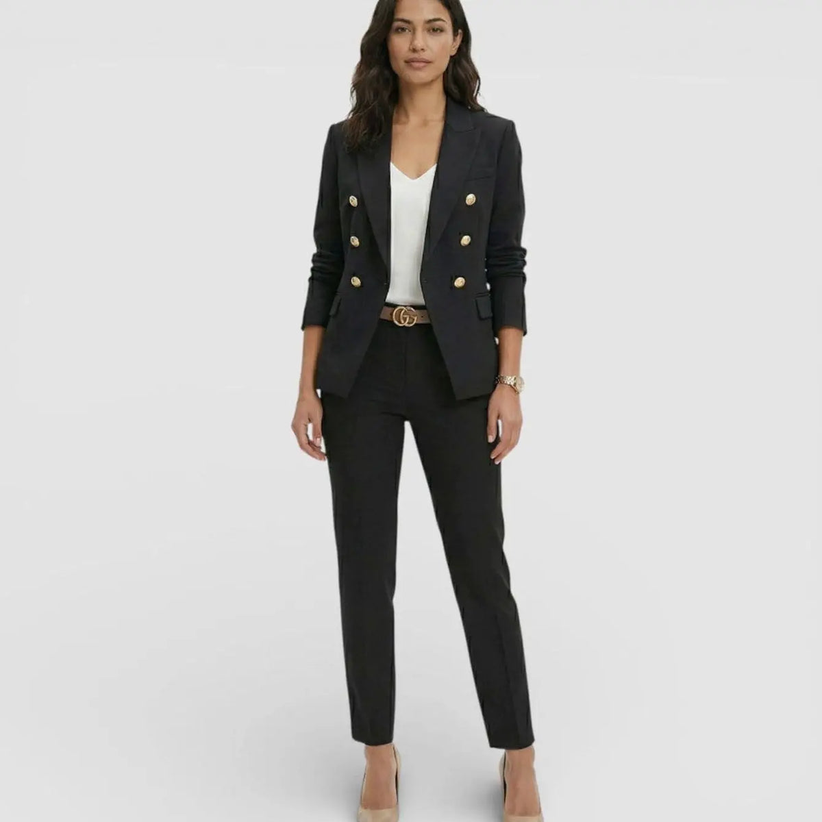 Women's Double-Breasted Gold-Button Blazer Trouser Suit Set - Black