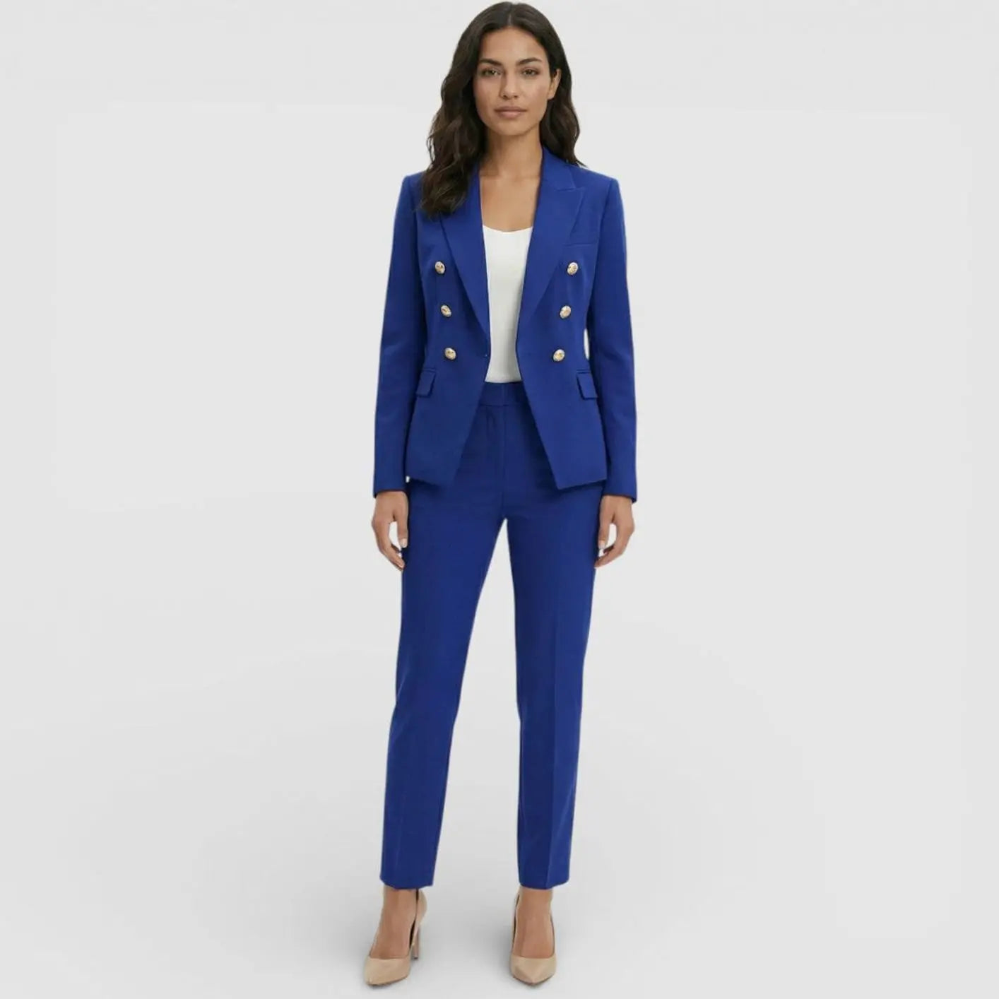 Women's Double-Breasted Gold-Button Blazer Trouser Suit Set - Blue