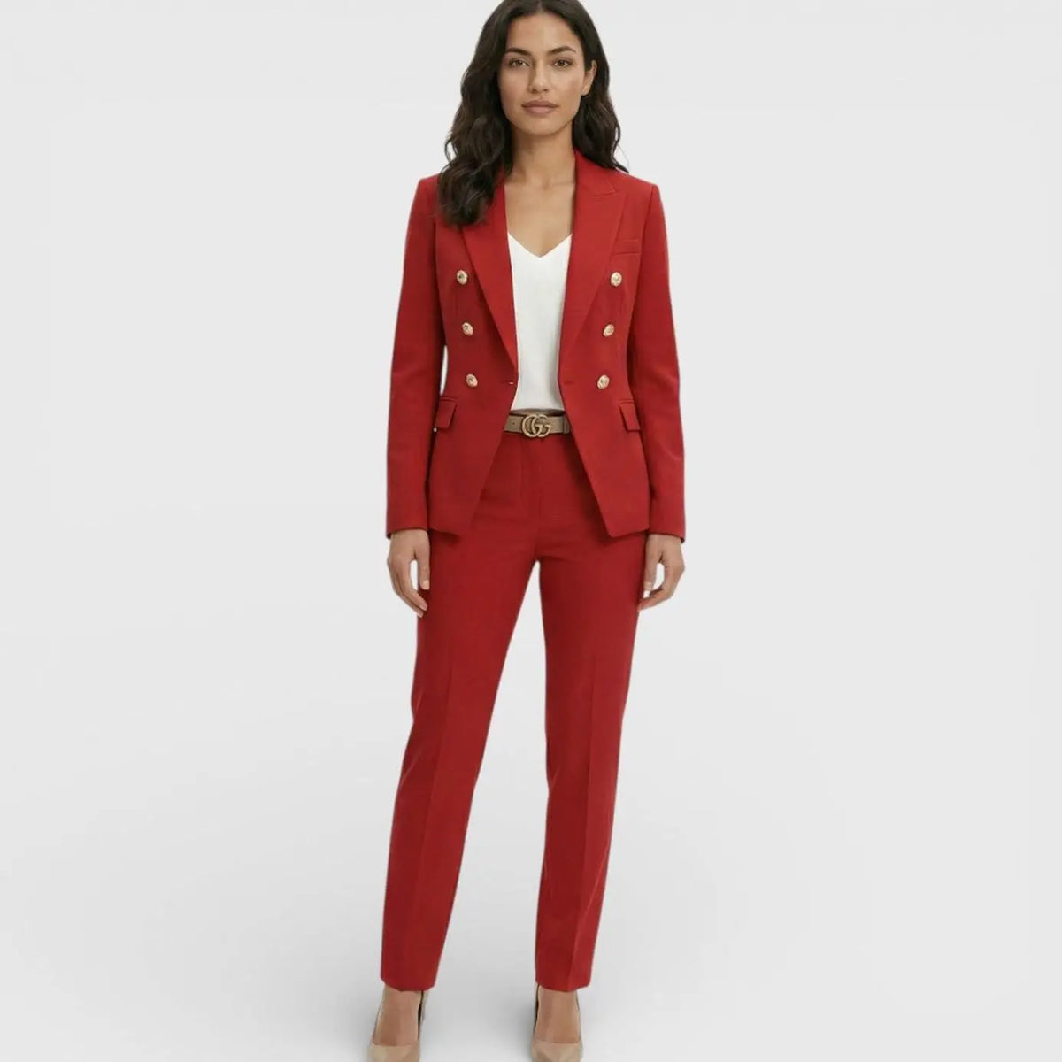 Women's Double-Breasted Gold-Button Blazer Trouser Suit Set - Red