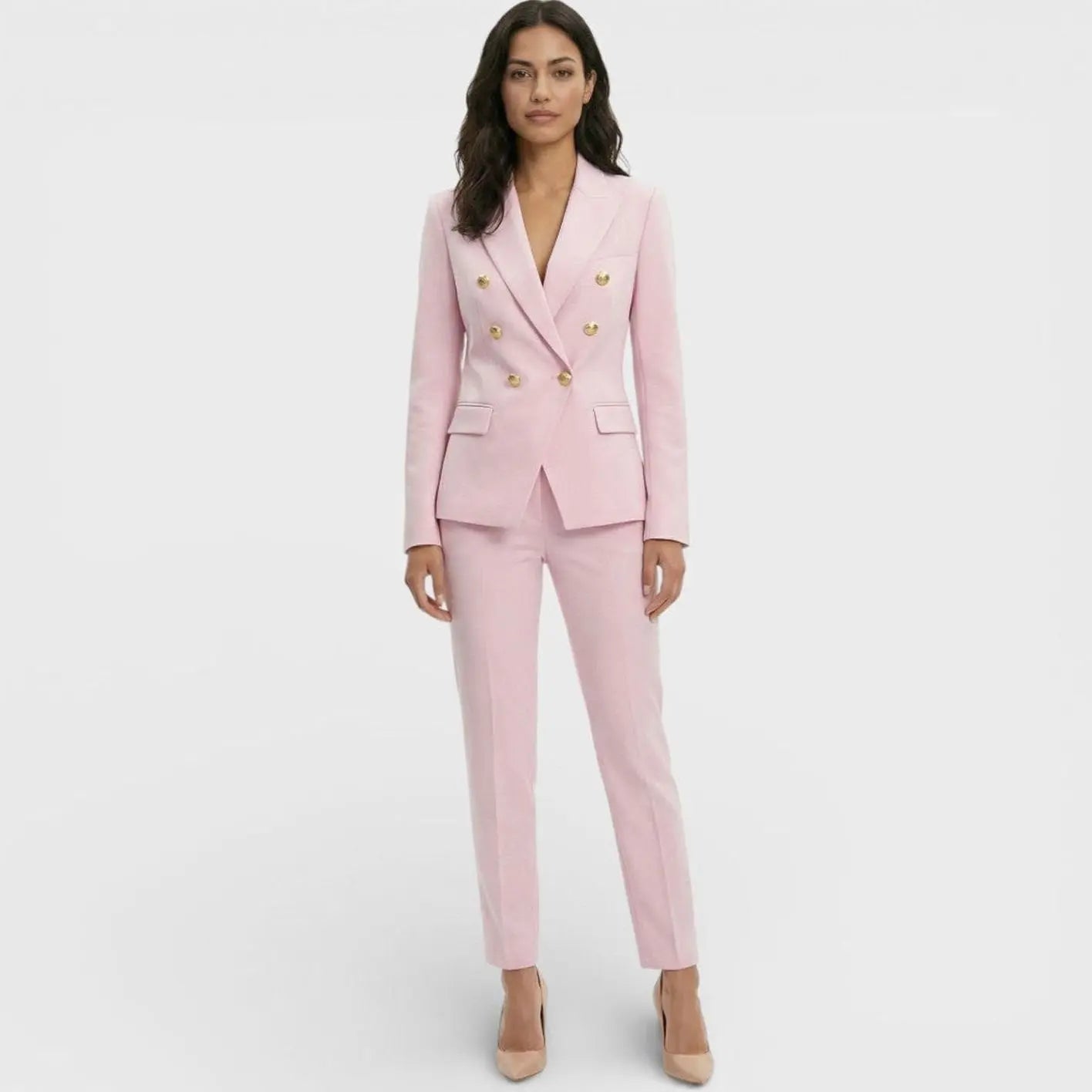 Women's Double-Breasted Gold-Button Blazer Trouser Suit Set - Pink