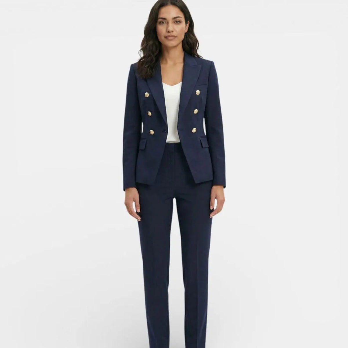 Women's Double-Breasted Gold-Button Blazer Trouser Suit Set - Dark Blue