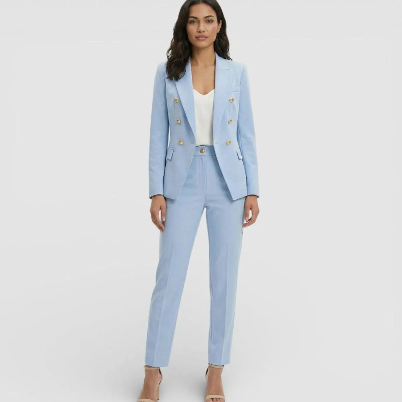 Women's Double-Breasted Gold-Button Blazer Trouser Suit Set - Light Blue