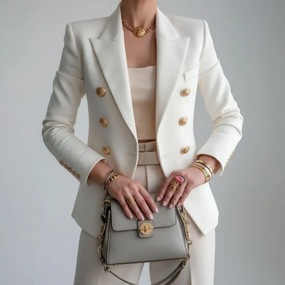Women's Double-Breasted Gold Button Fitted Blazer Womens Winter Coat - White