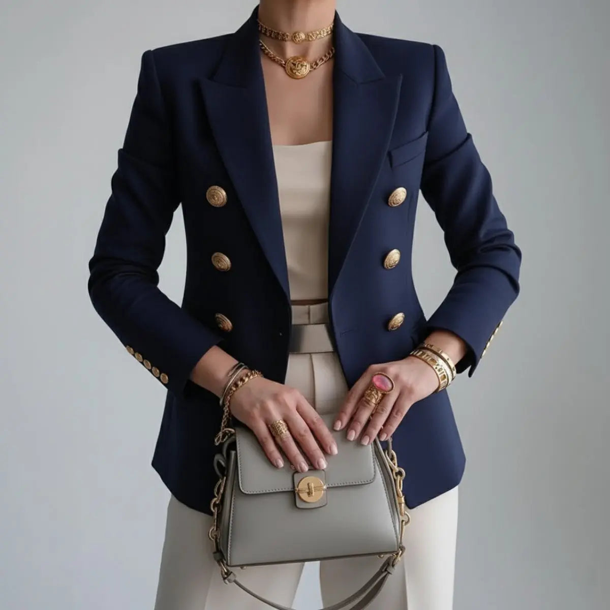 Women's Double-Breasted Gold Button Fitted Blazer Womens Winter Coat - Blue
