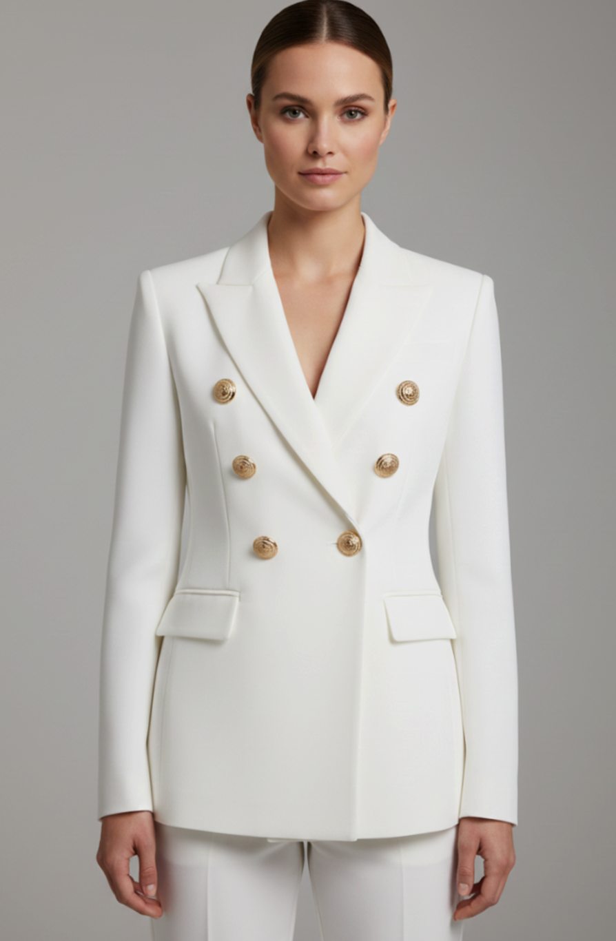 Women's Double-Breasted Gold-Button Tailored Blazer - White