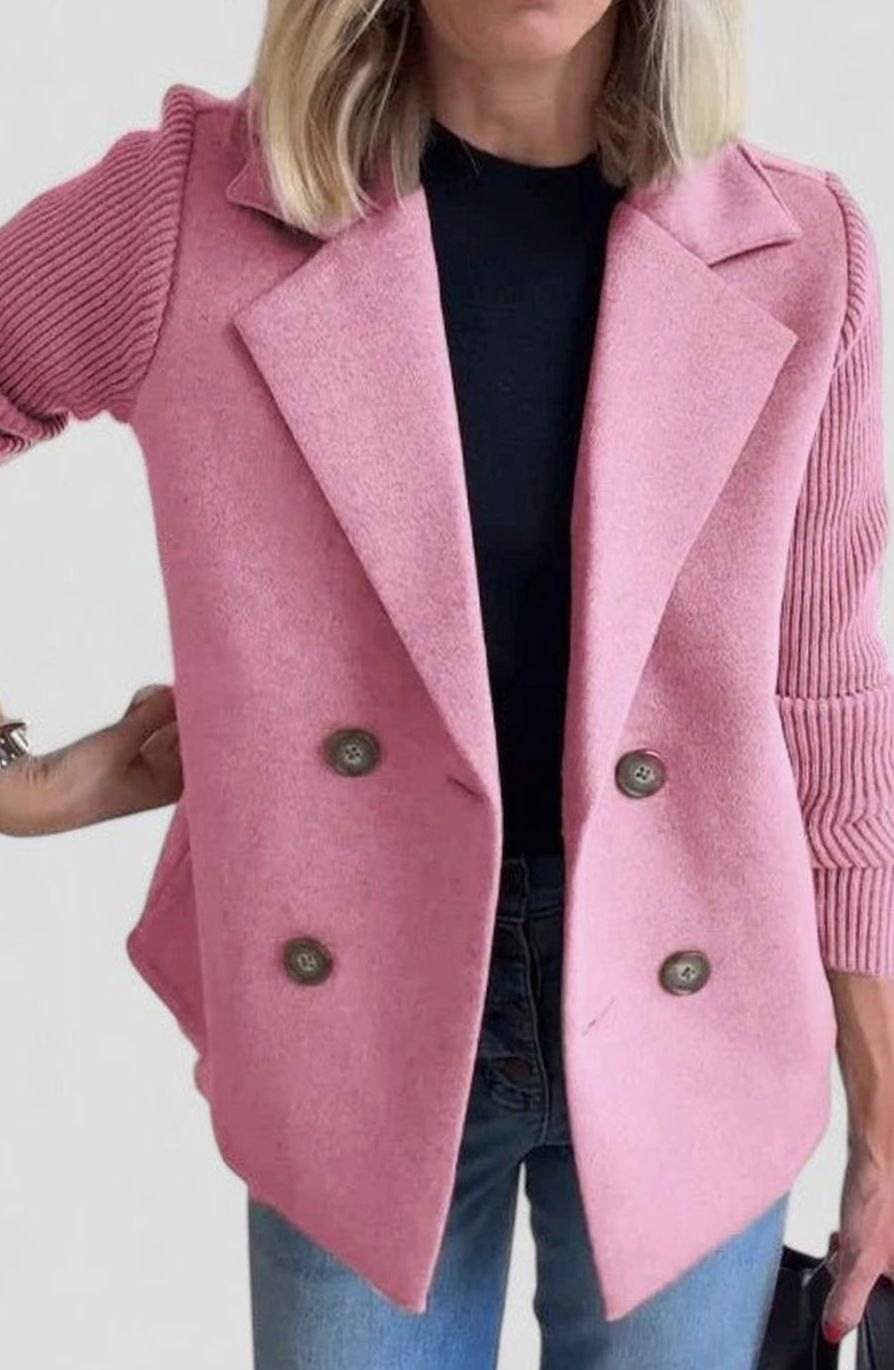 Women's Double-Breasted Knit-Sleeve Tailored Blazer - Pink