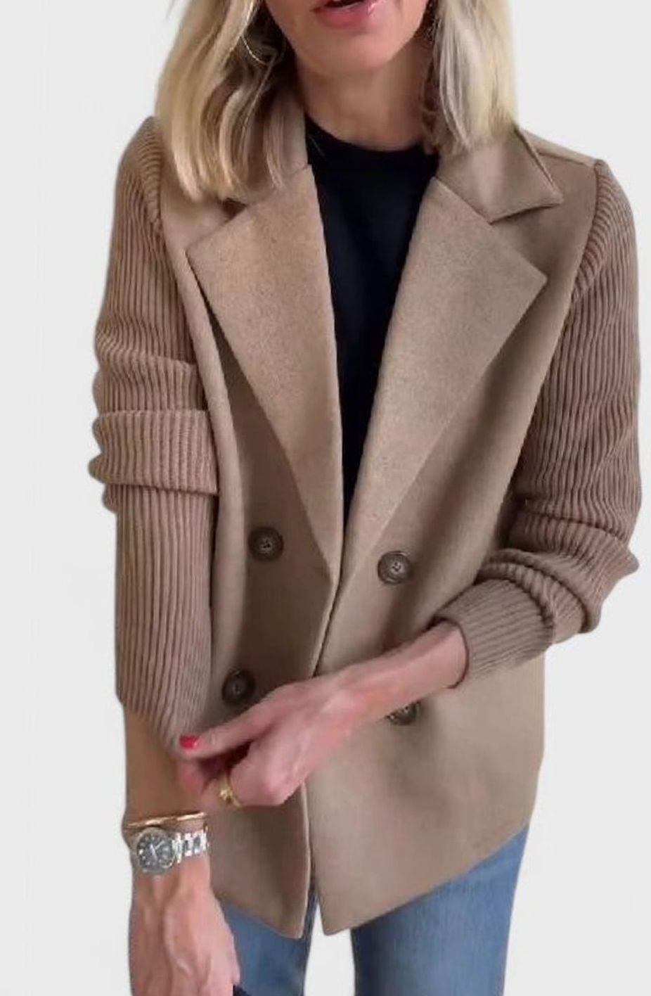 Women's Double-Breasted Knit-Sleeve Tailored Blazer