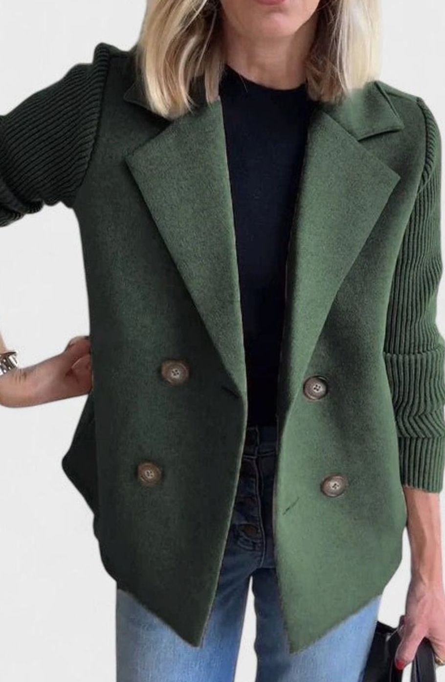 Women's Double-Breasted Knit-Sleeve Tailored Blazer - Green