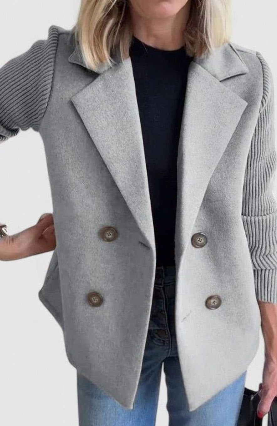 Women's Double-Breasted Knit-Sleeve Tailored Blazer - Grey
