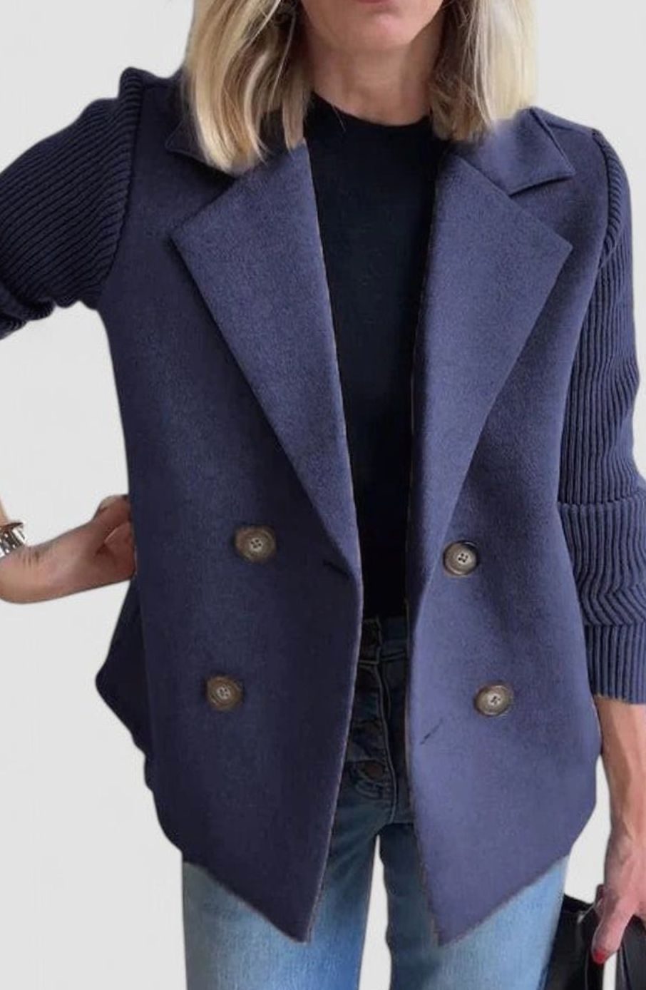 Women's Double-Breasted Knit-Sleeve Tailored Blazer - Blue