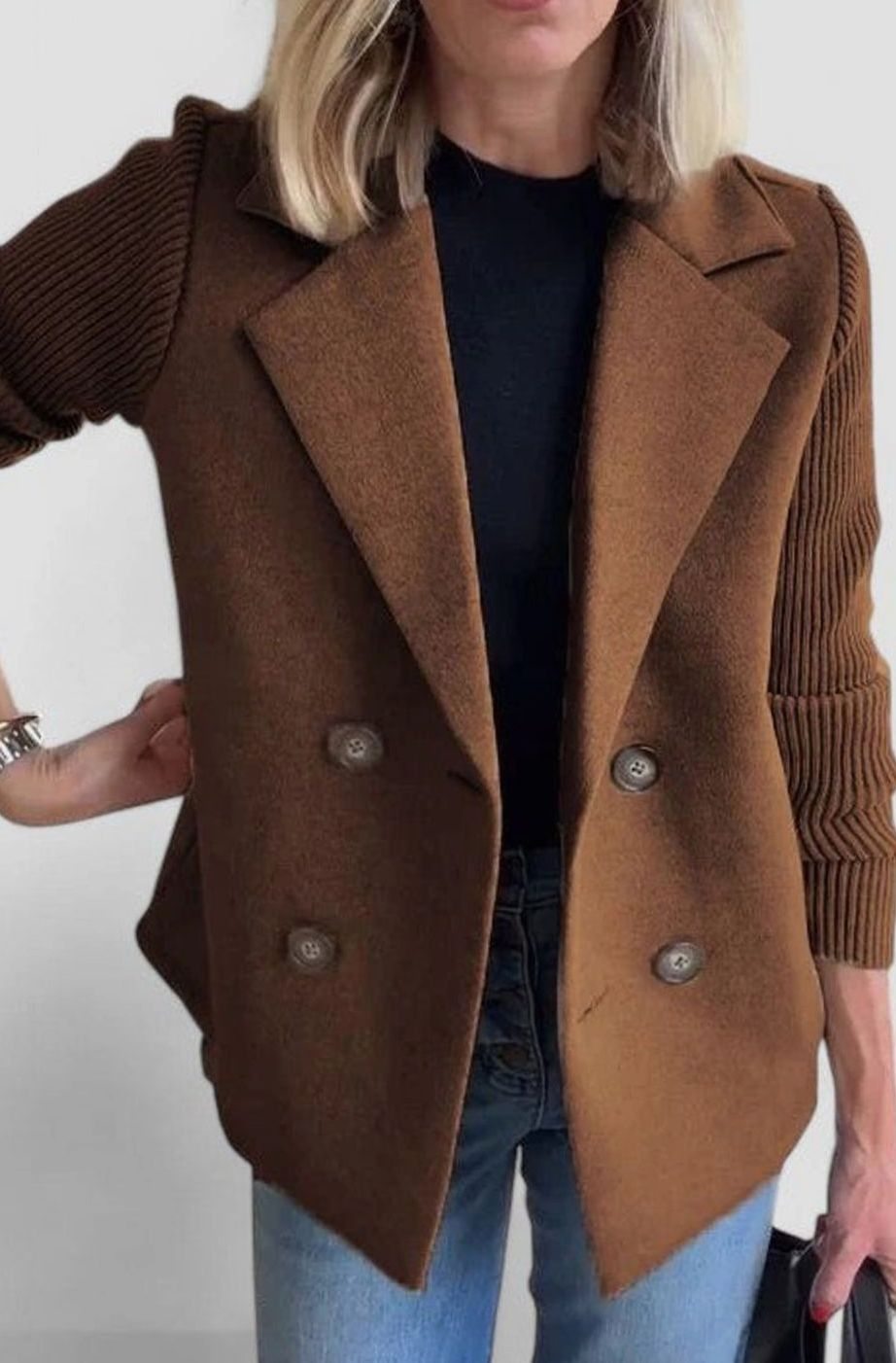 Women's Double-Breasted Knit-Sleeve Tailored Blazer - Dark Brown