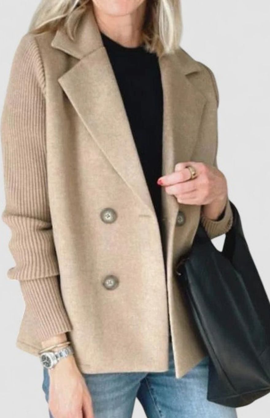 Women's Double-Breasted Knit-Sleeve Tailored Blazer - Khaki