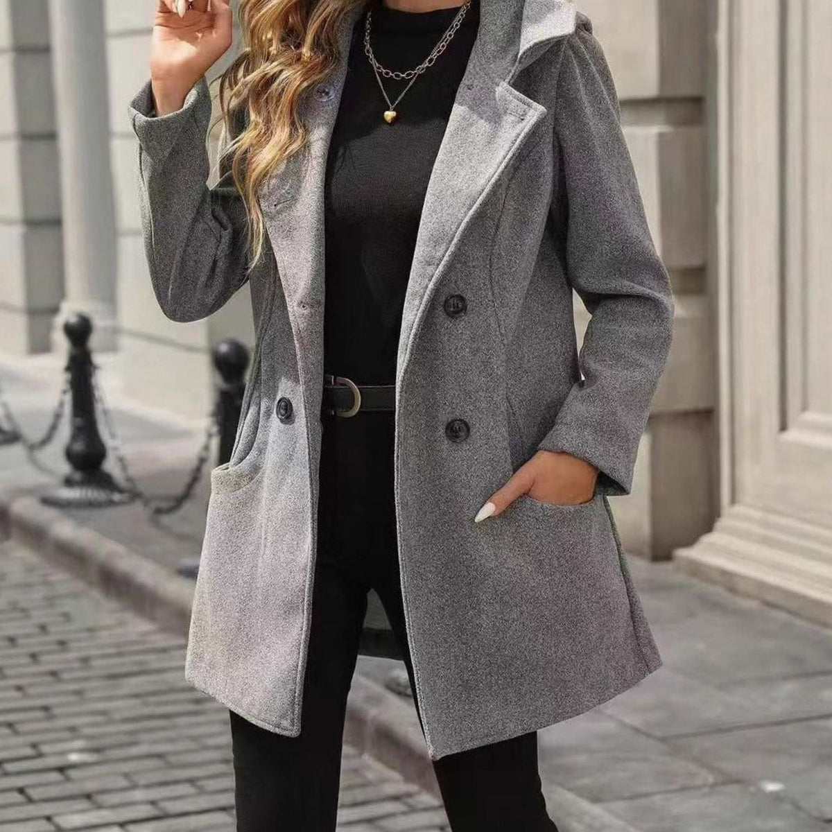 Women's Double-Breasted Lapel Wool-Blend Midi Coat Pockets