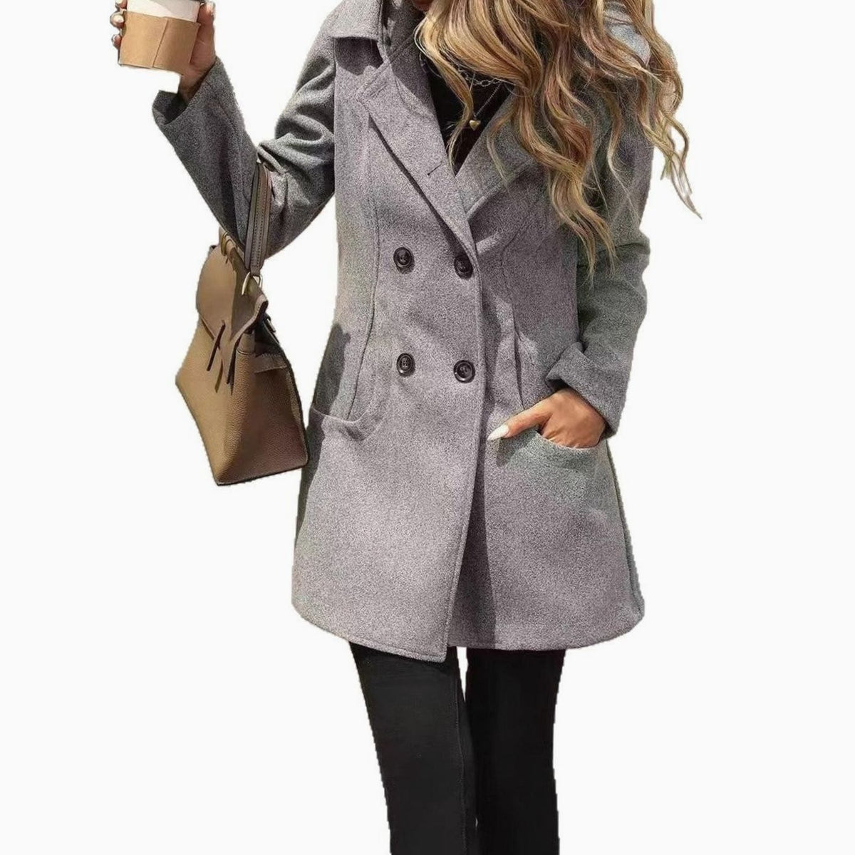 Women's Double-Breasted Lapel Wool-Blend Midi Coat Pockets