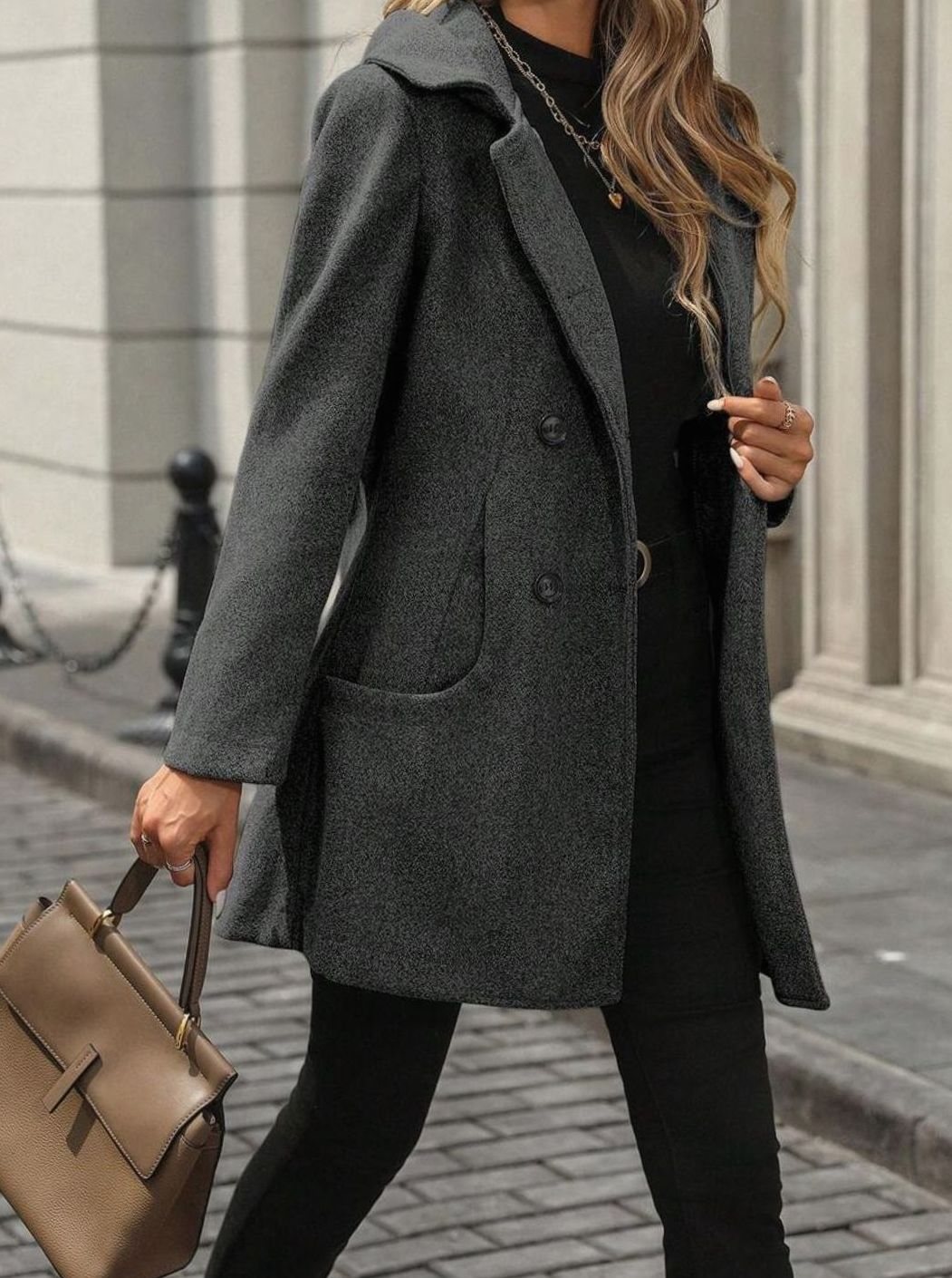 Women's Double-Breasted Lapel Wool-Blend Midi Coat Pockets - Dark Grey