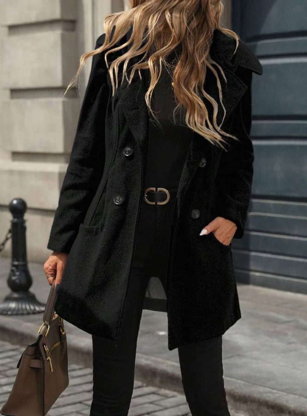 Women's Double-Breasted Lapel Wool-Blend Midi Coat Pockets - Black