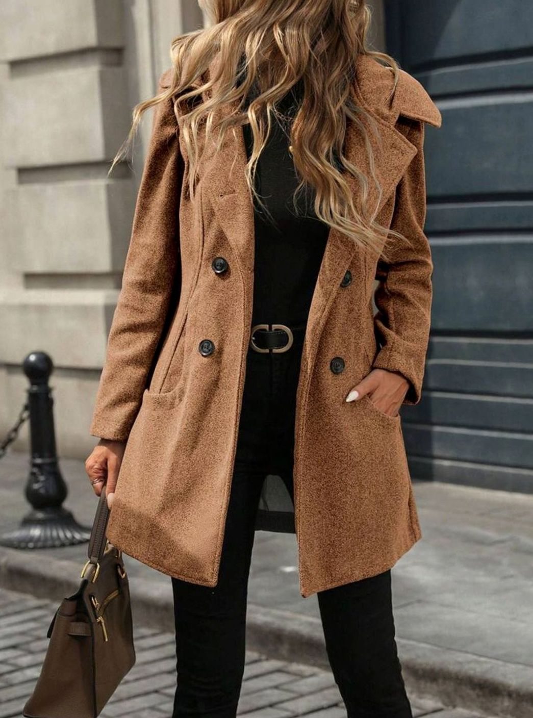 Women's Double-Breasted Lapel Wool-Blend Midi Coat Pockets - Caramel