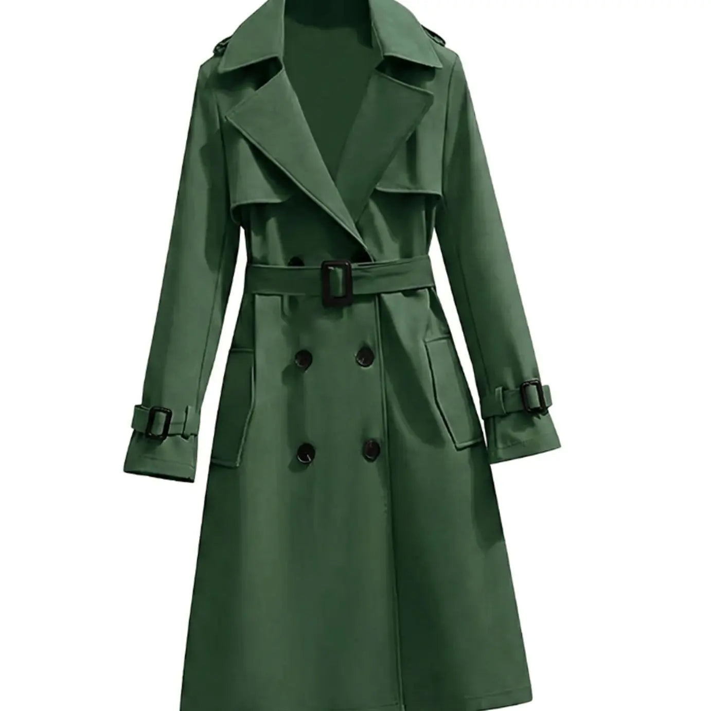 Women's Double-Breasted Longline Belted Winter Coat - Olive Green