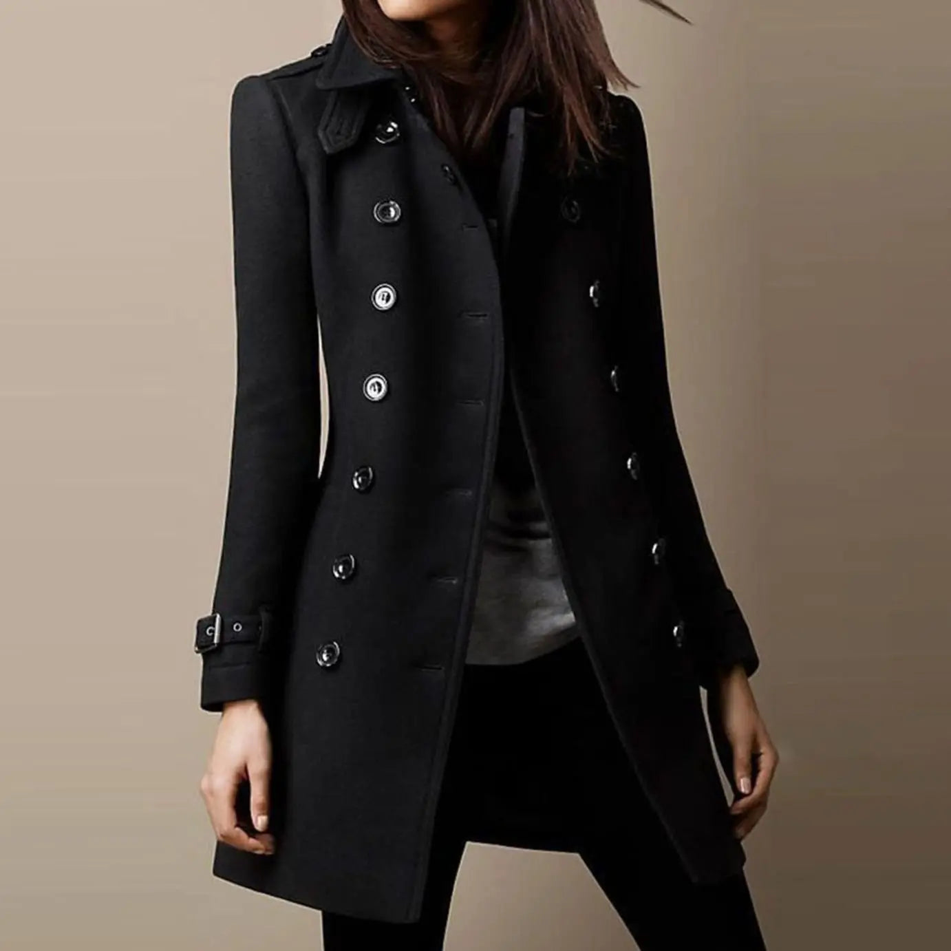 Women's Double-Breasted Mid-Length Winter Coat Notch Lapel