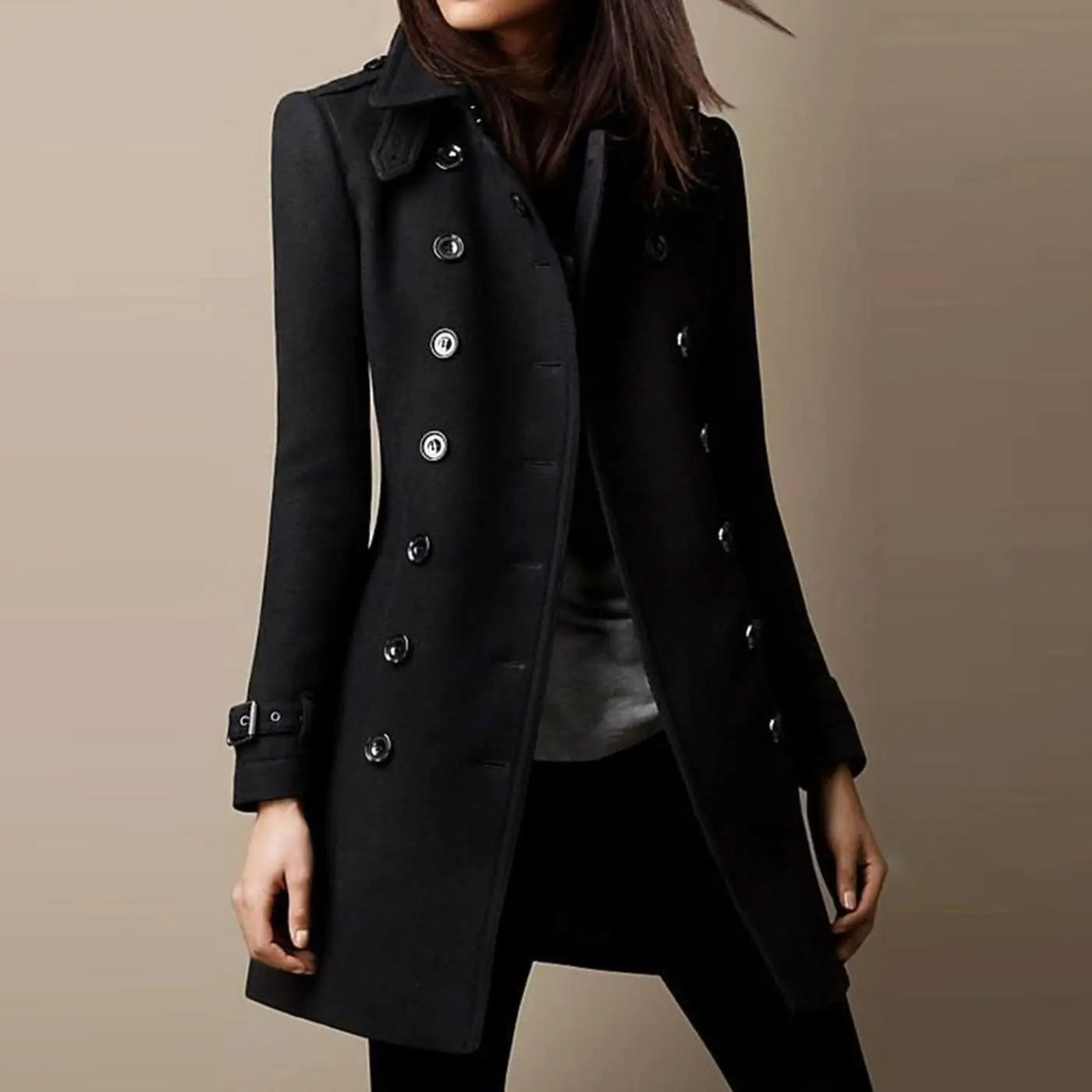 Women's Double-Breasted Mid-Length Winter Coat Notch Lapel - Black
