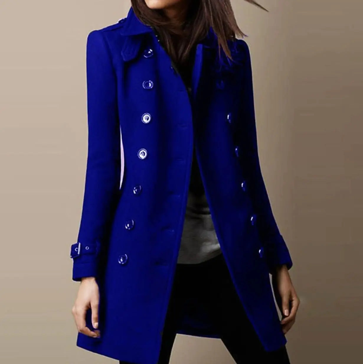 Women's Double-Breasted Mid-Length Winter Coat Notch Lapel - Blue