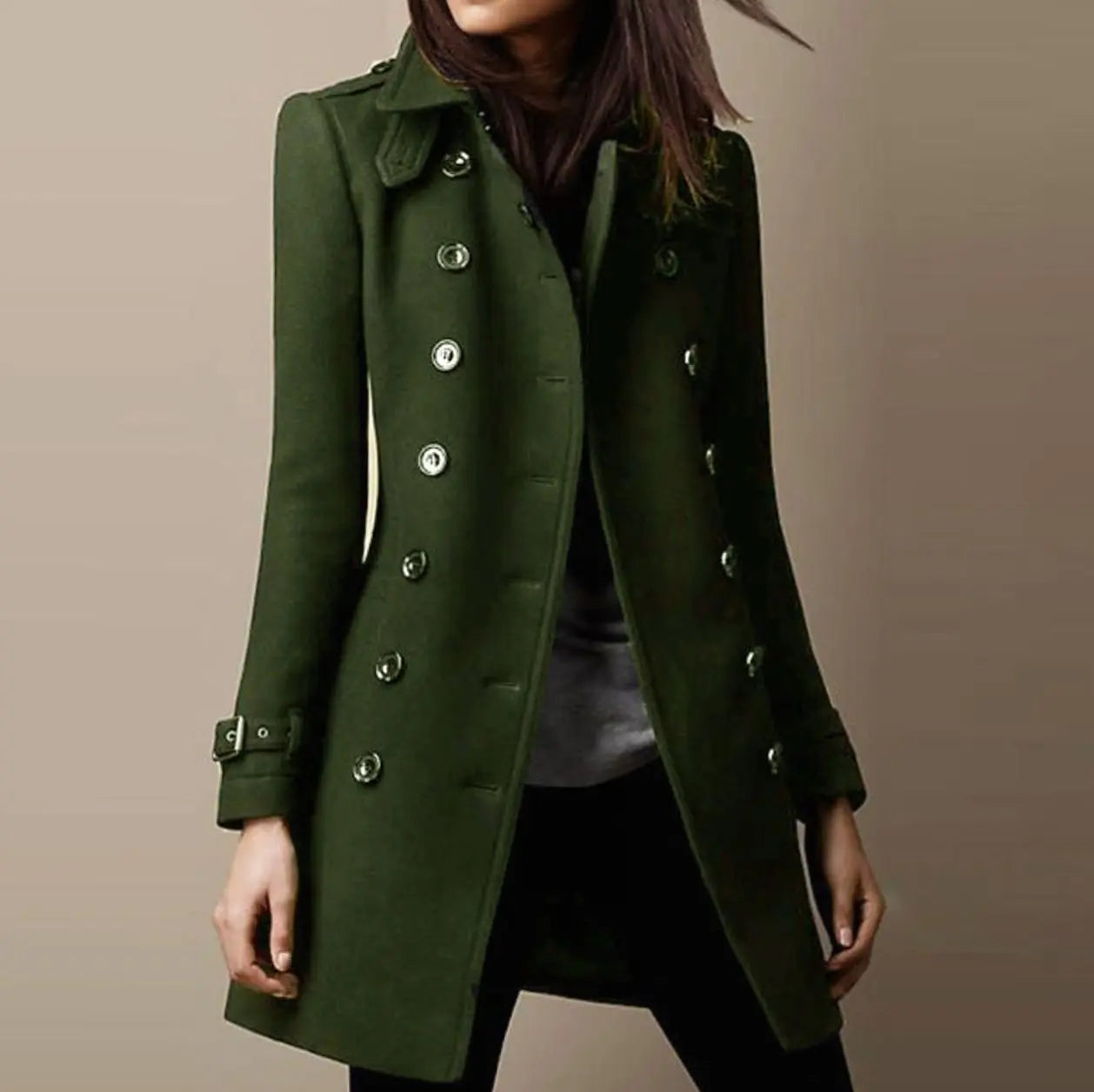Women's Double-Breasted Mid-Length Winter Coat Notch Lapel - Army Green