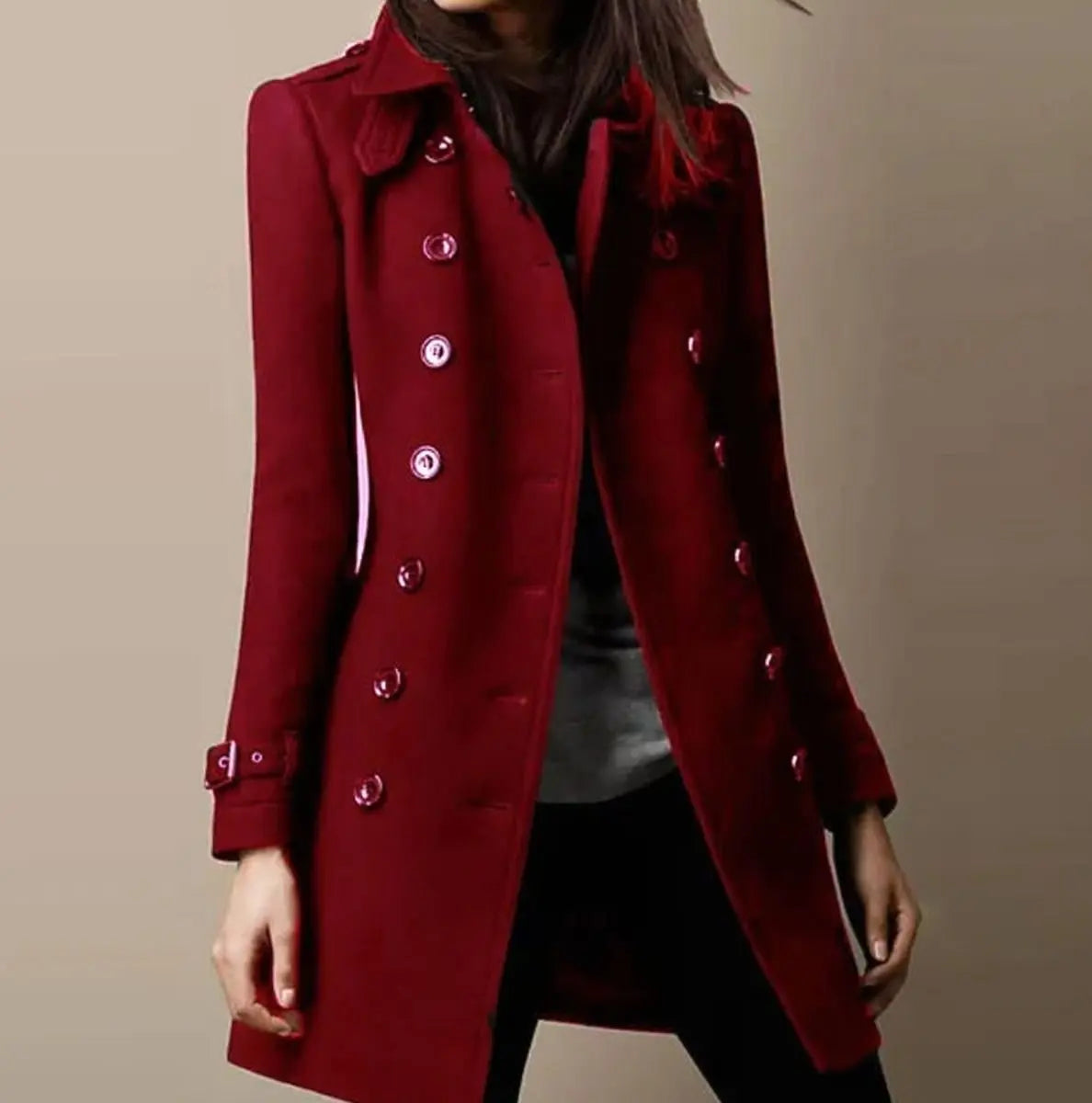 Women's Double-Breasted Mid-Length Winter Coat Notch Lapel - Burgundy