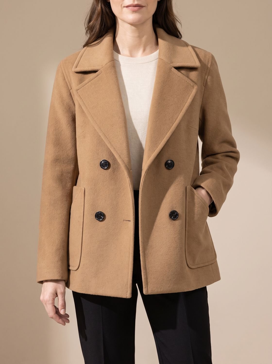Women's Double-Breasted Notch Lapel Wool Coat Short Relaxed Fit - Brown