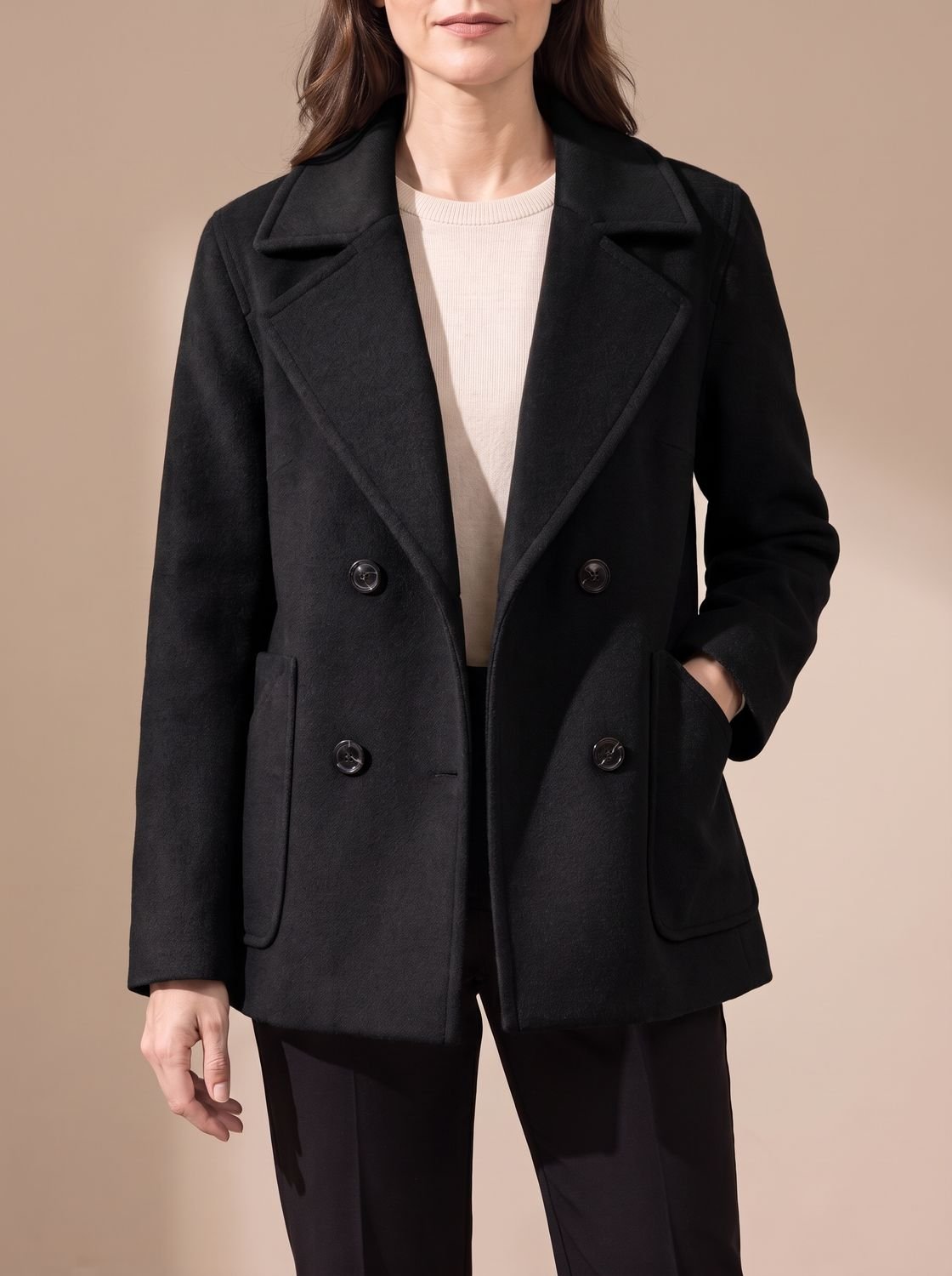 Women's Double-Breasted Notch Lapel Wool Coat Short Relaxed Fit - Black
