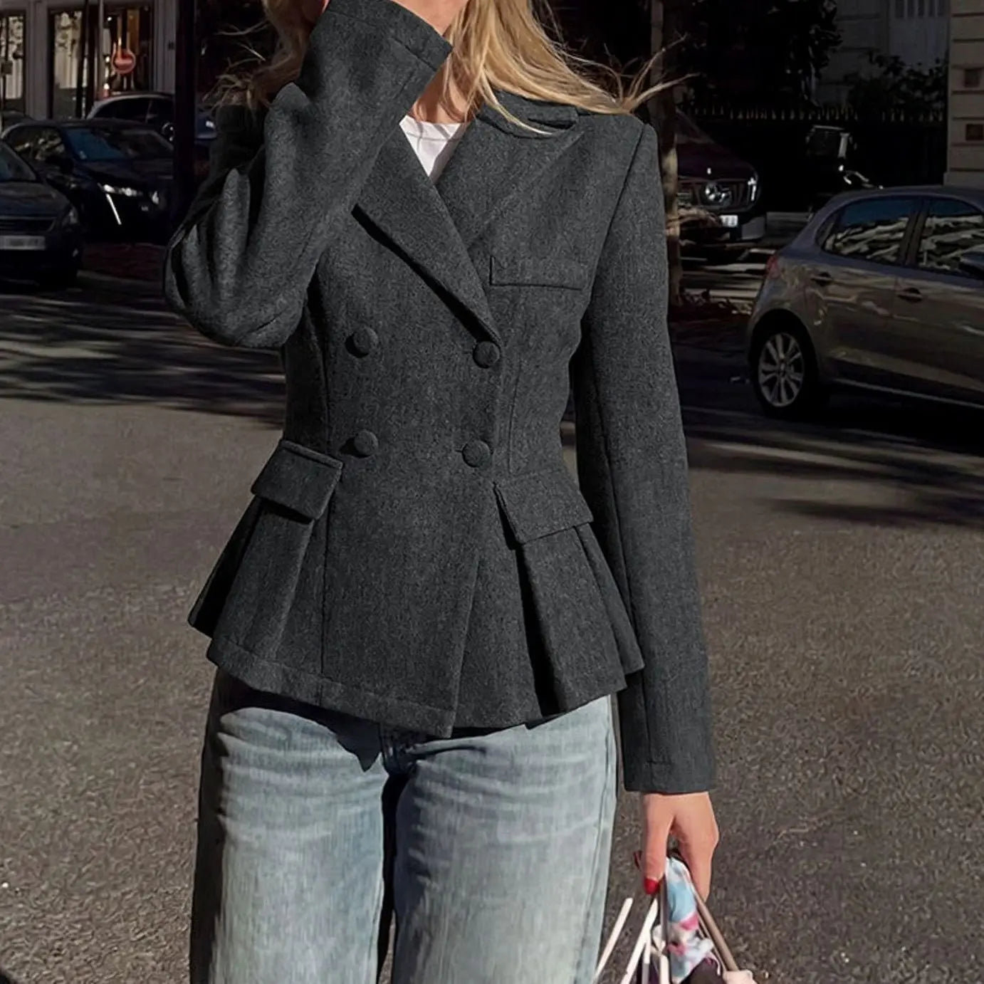 Women's Double-Breasted Peplum Tailored Blazer Jacket - Dark Grey