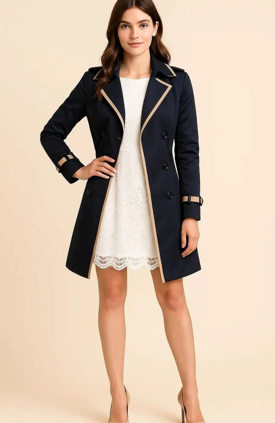 Women's Double-Breasted Short Trench Coat Black Piping - Navy Blue