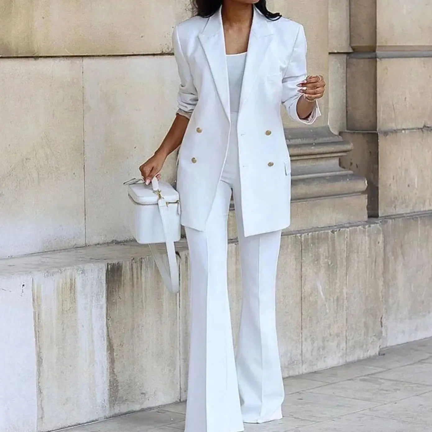 Women's Double-Breasted Tailored Blazer Flared Trouser Suit Set - White