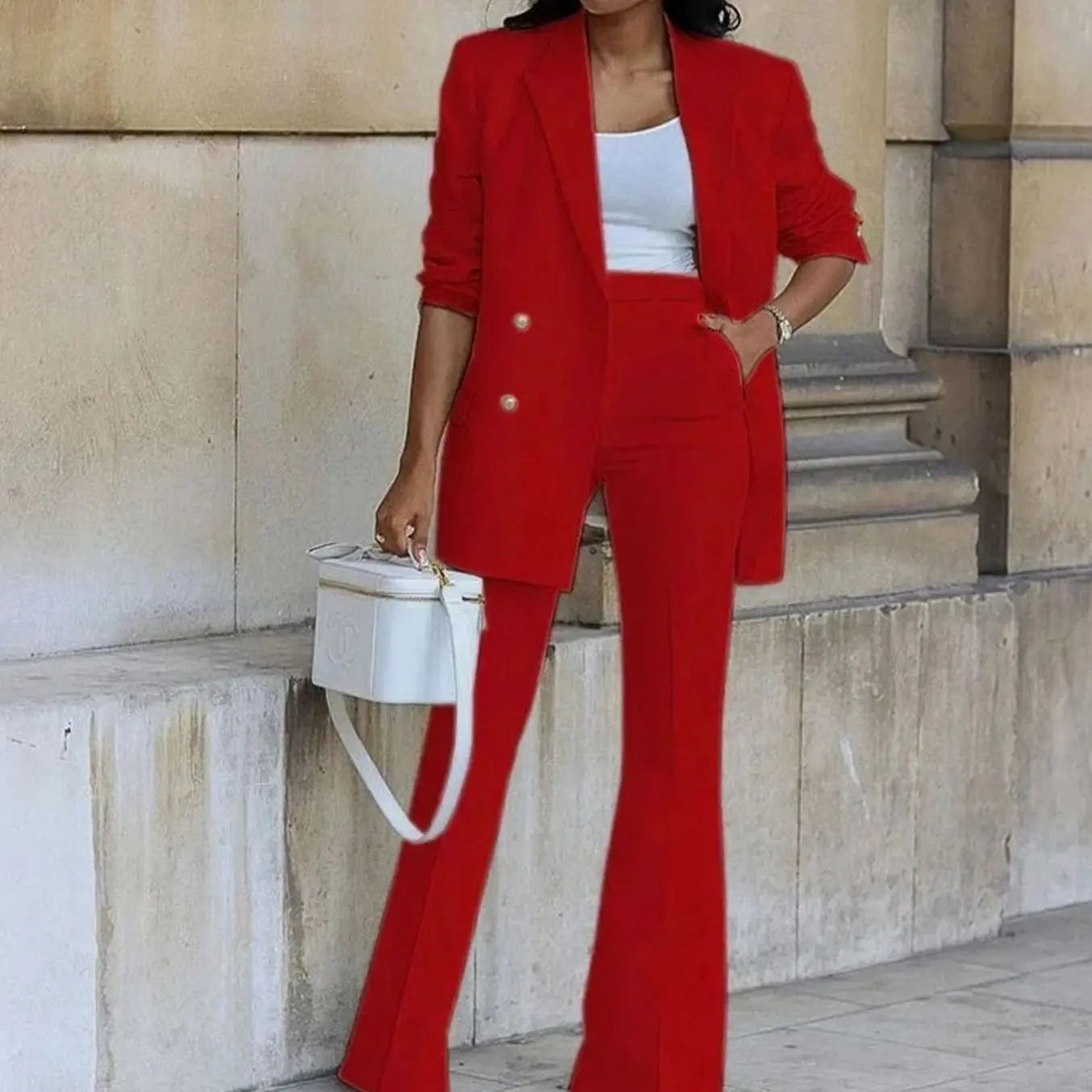 Women's Double-Breasted Tailored Blazer Flared Trouser Suit Set - Red