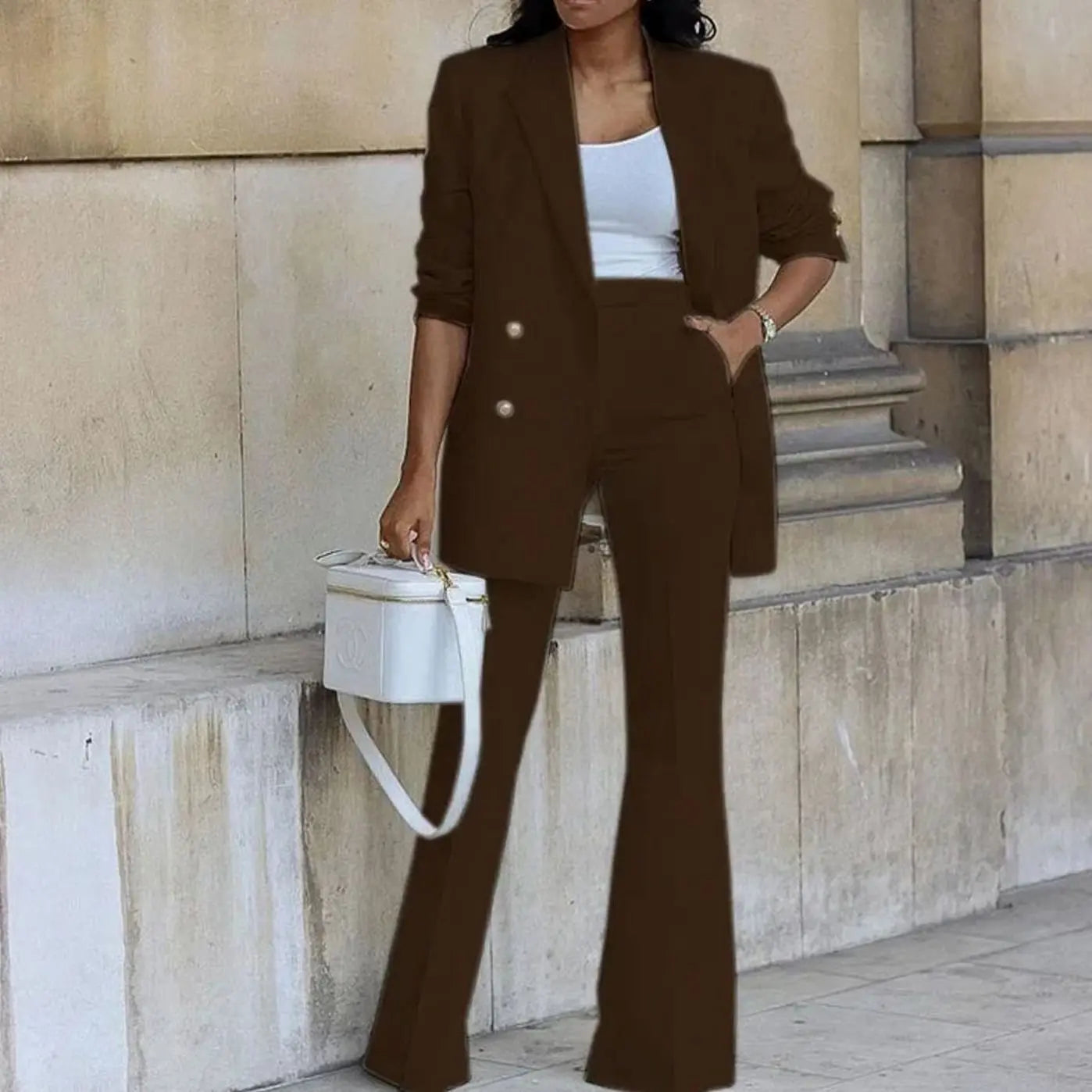 Women's Double-Breasted Tailored Blazer Flared Trouser Suit Set - Coffee