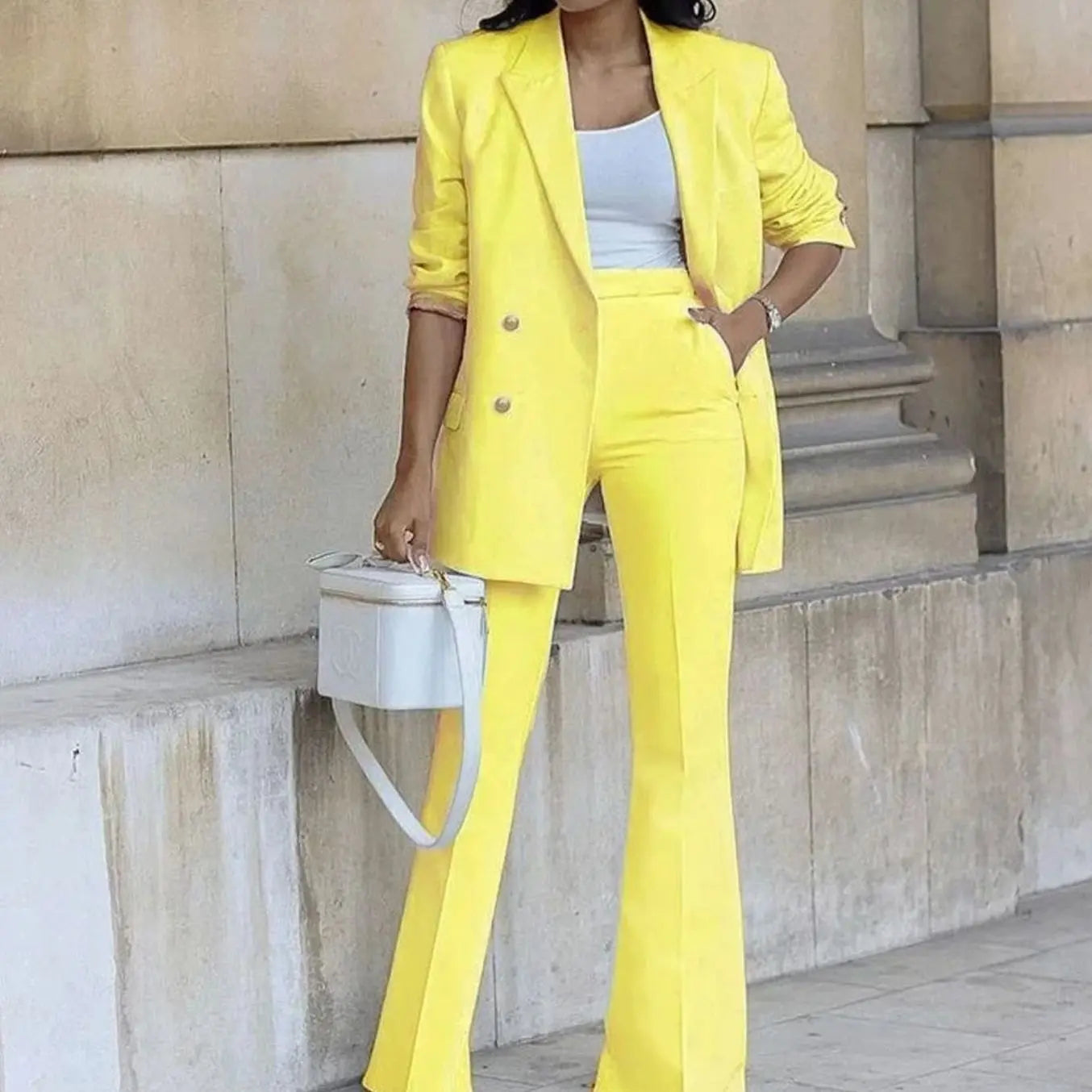 Women's Double-Breasted Tailored Blazer Flared Trouser Suit Set - Yellow
