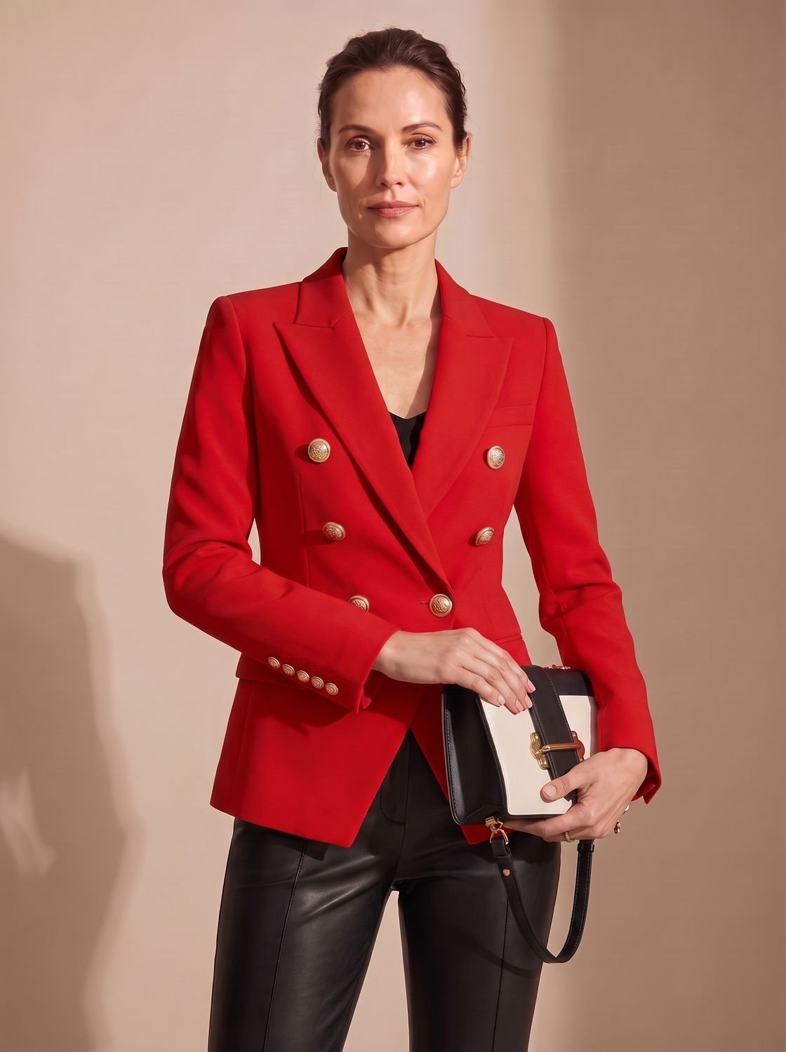 Women's Double-Breasted Tailored Blazer Gold-Tone Buttons - Red