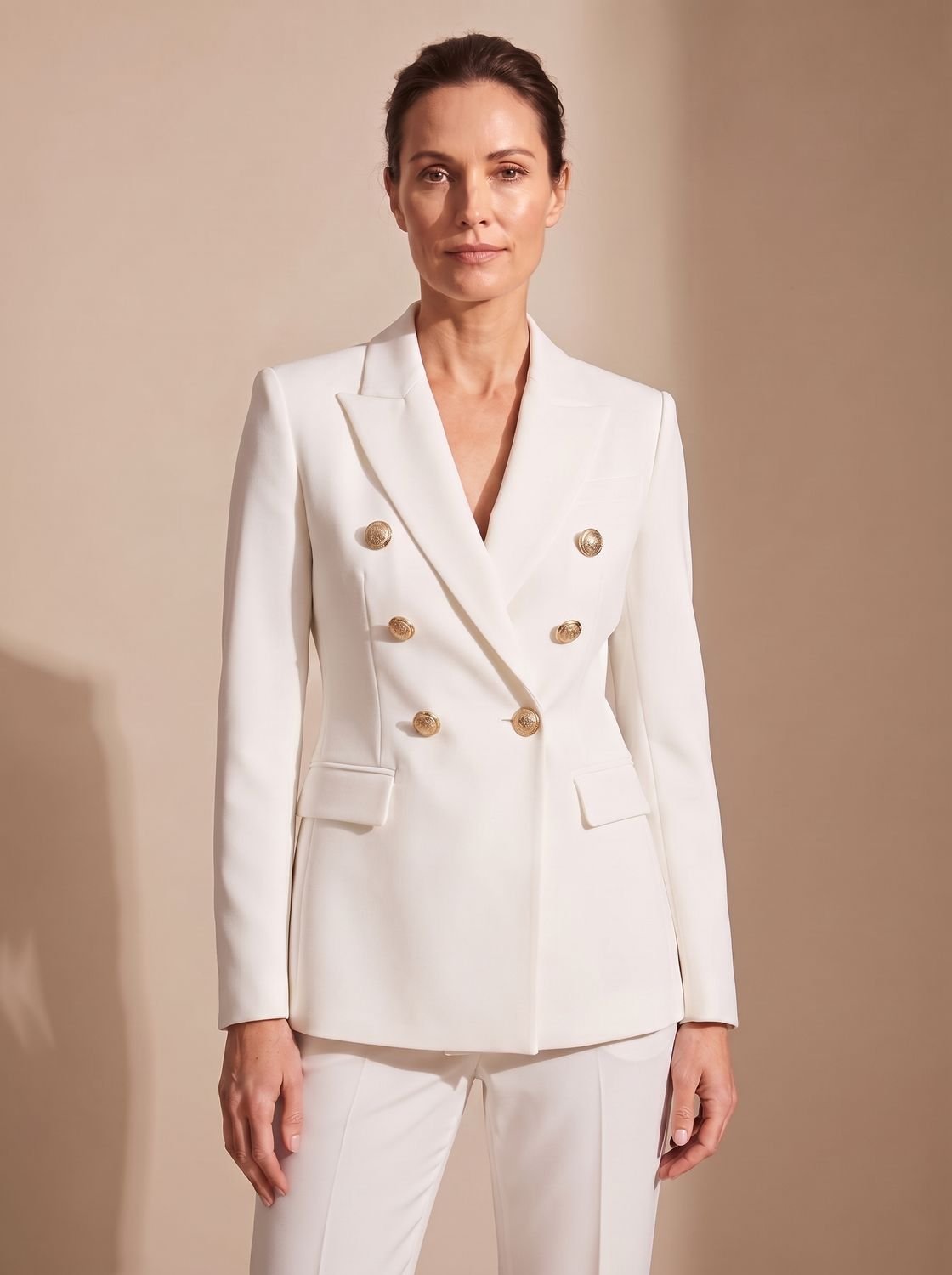Women's Double-Breasted Tailored Blazer Gold-Tone Buttons - White