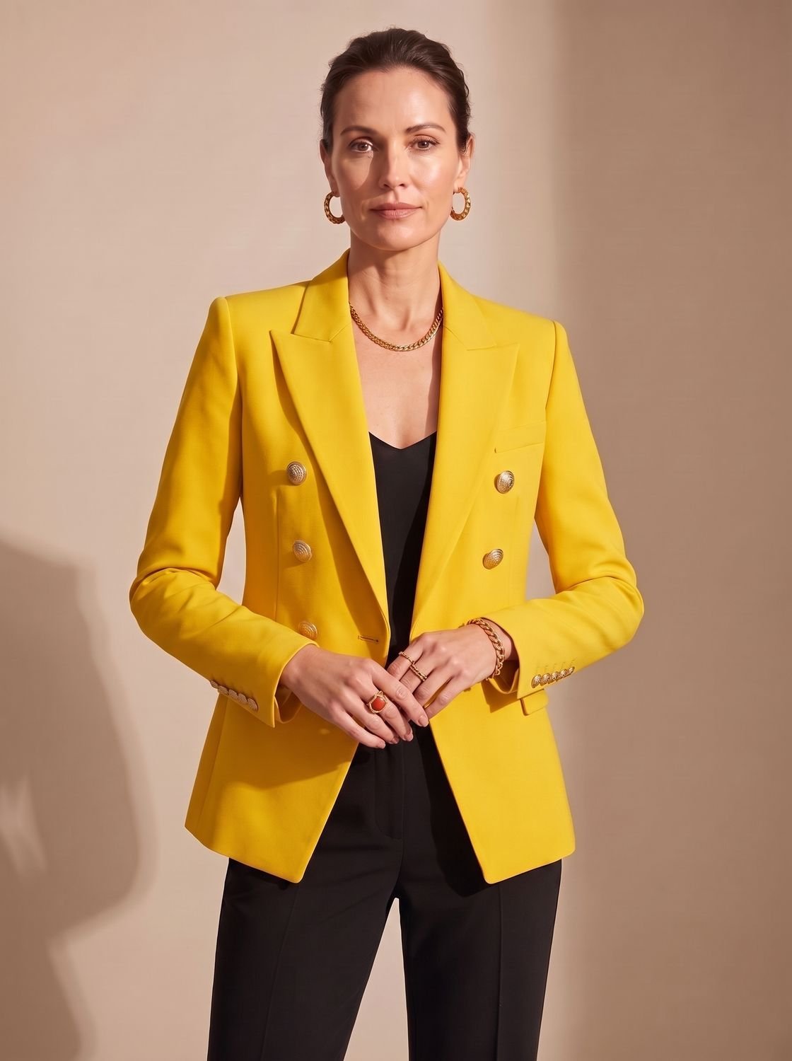 Women's Double-Breasted Tailored Blazer Gold-Tone Buttons - Yellow