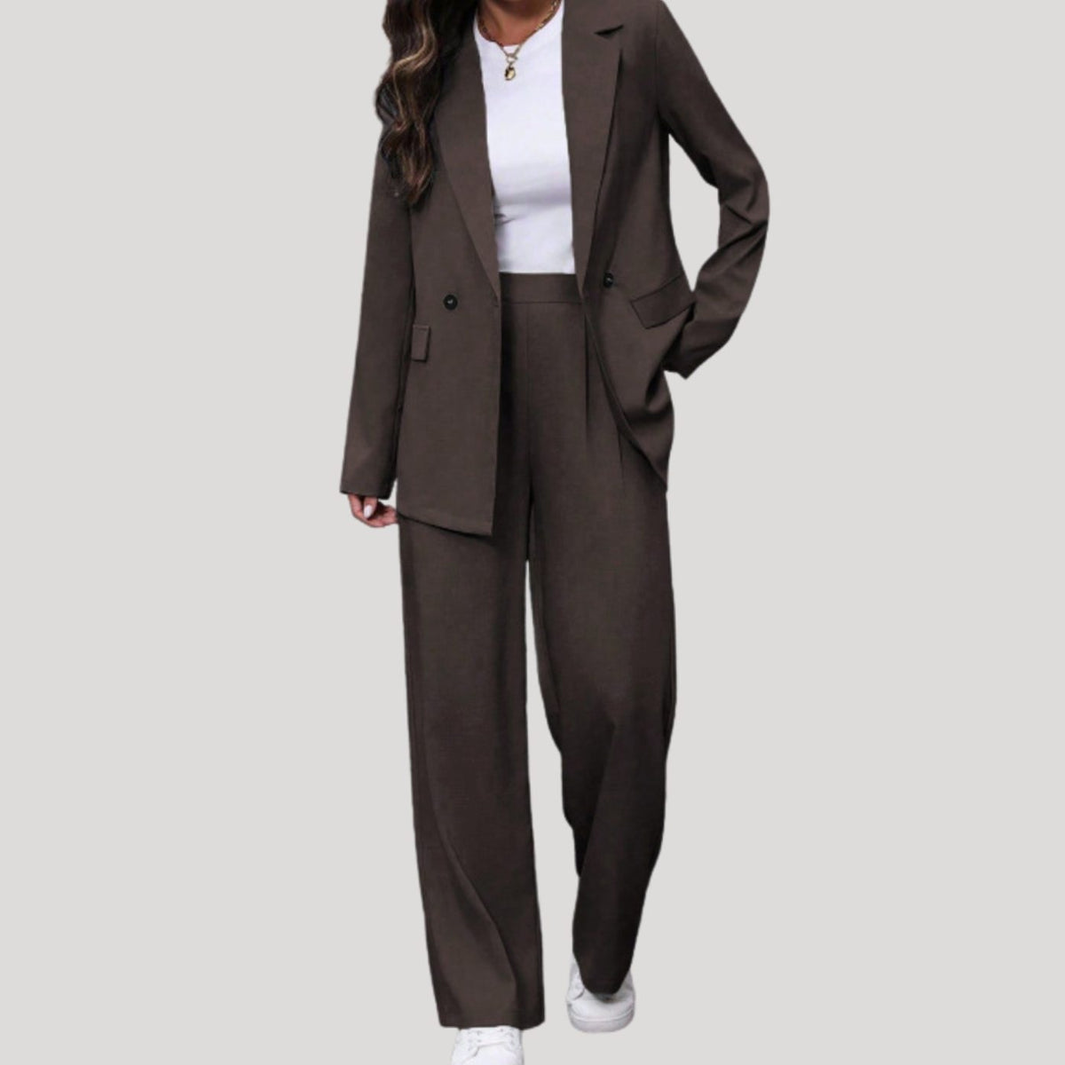 Women's Double-Breasted Tailored Wide-Leg Trouser Suit, Burgundy - Dark Brown