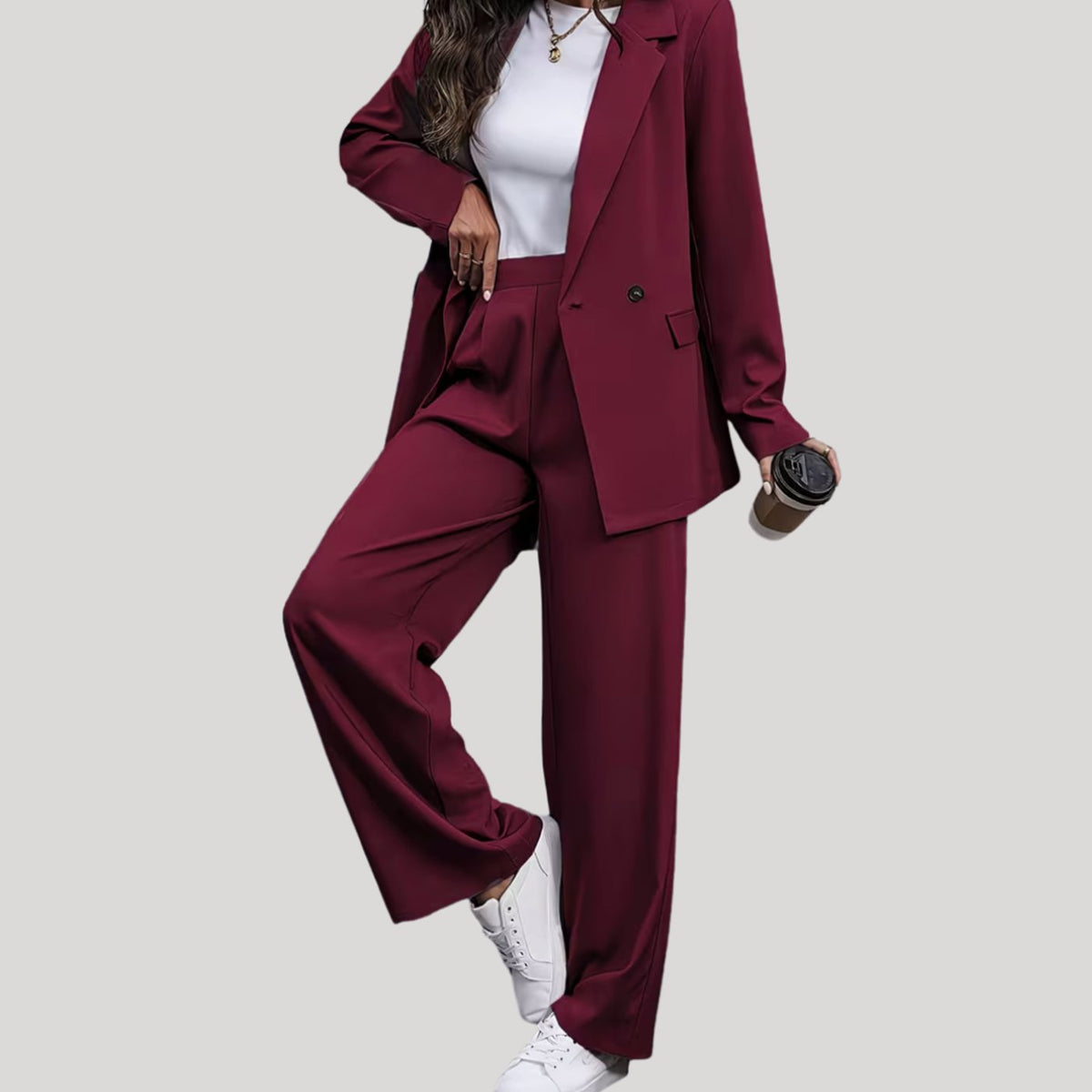 Women's Double-Breasted Tailored Wide-Leg Trouser Suit, Burgundy