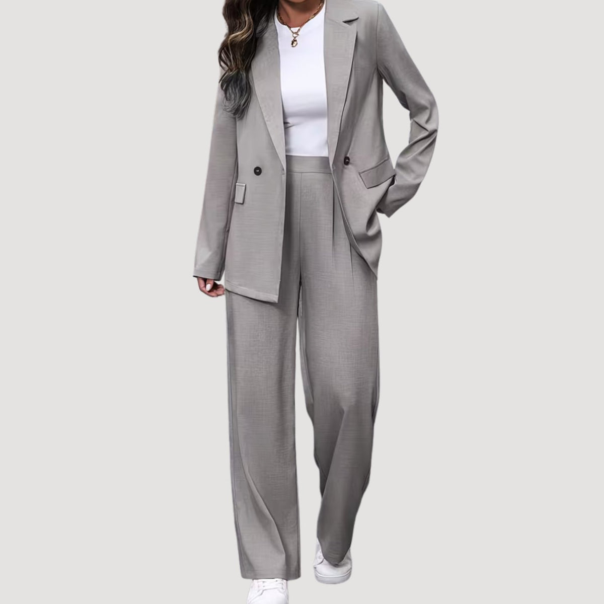 Women's Double-Breasted Tailored Wide-Leg Trouser Suit, Burgundy - Light Grey